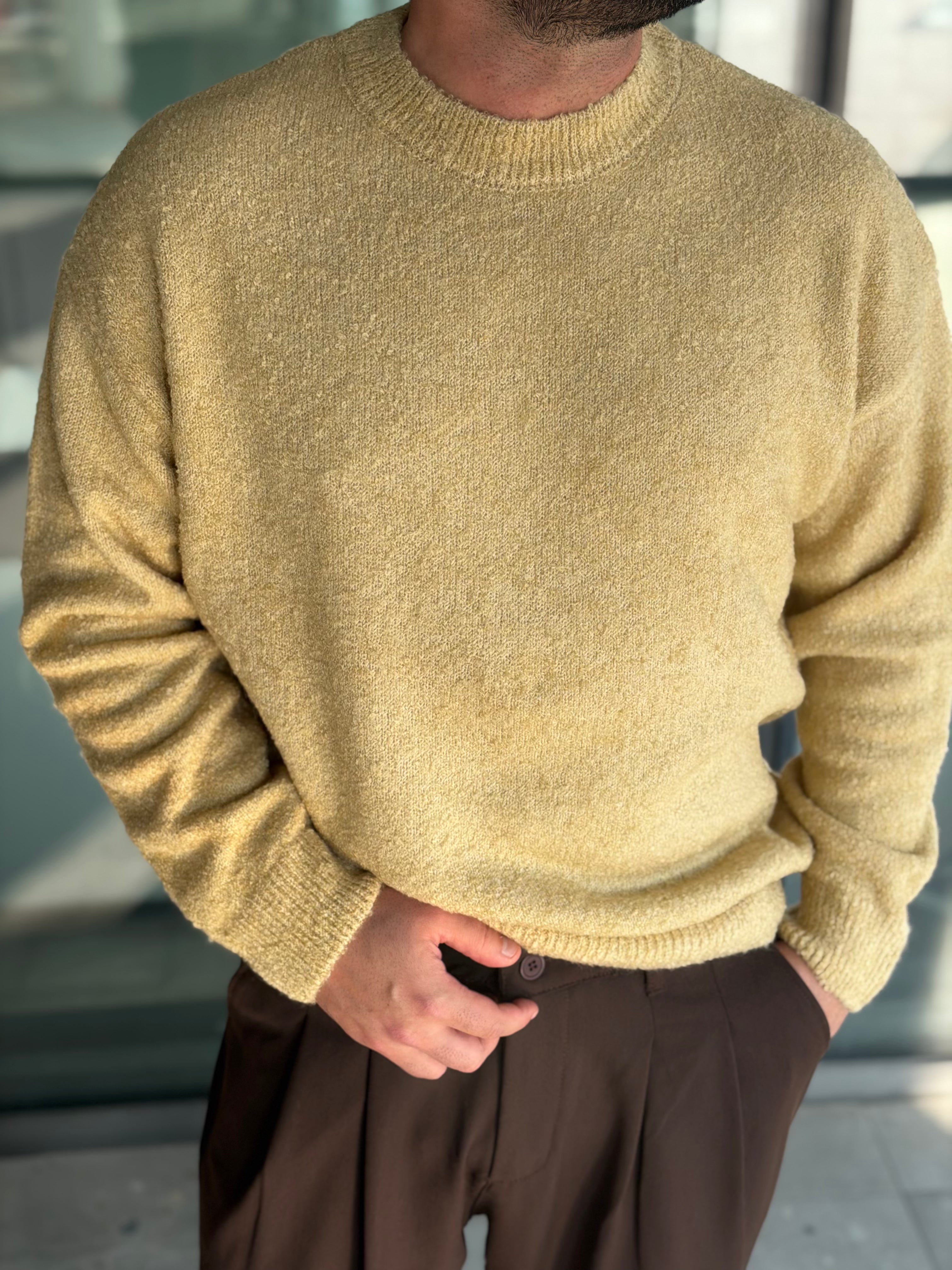 Erkek Dokulu Premium Triko Kazak - Hardal TRK80