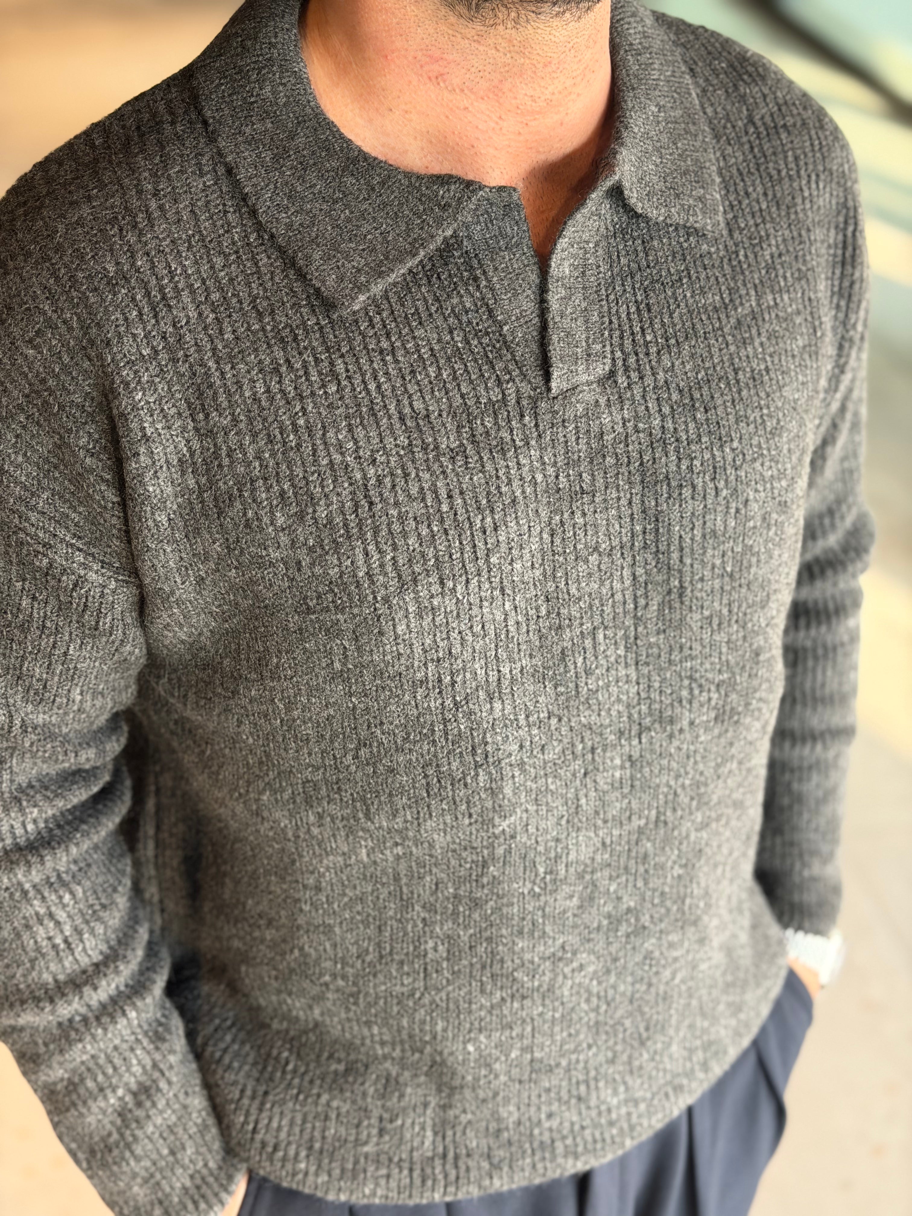 Erkek Premium Geniş Polo Yaka Triko - Koyu Gri PYT05