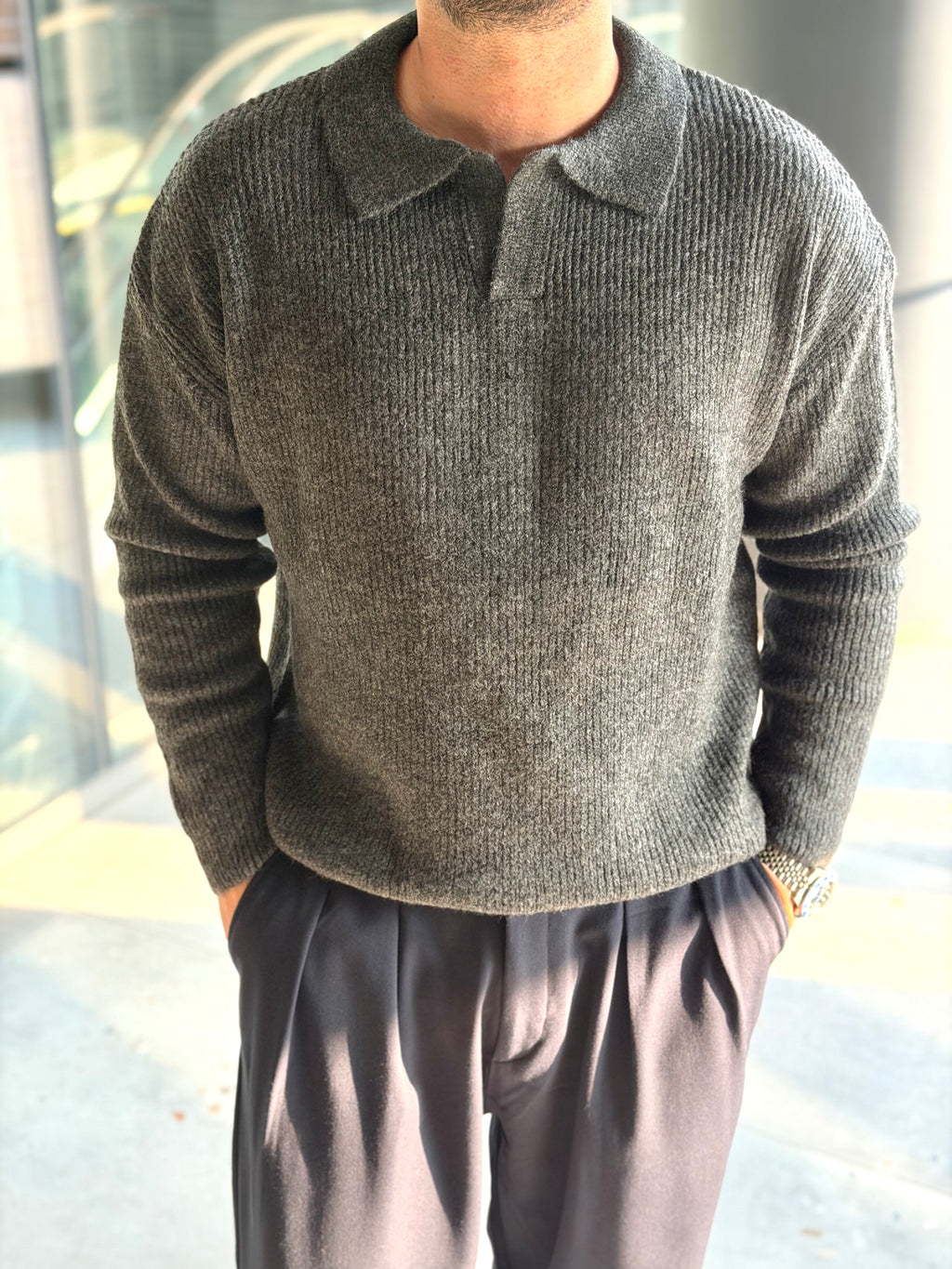 Erkek Premium Geniş Polo Yaka Triko - Koyu Gri PYT05