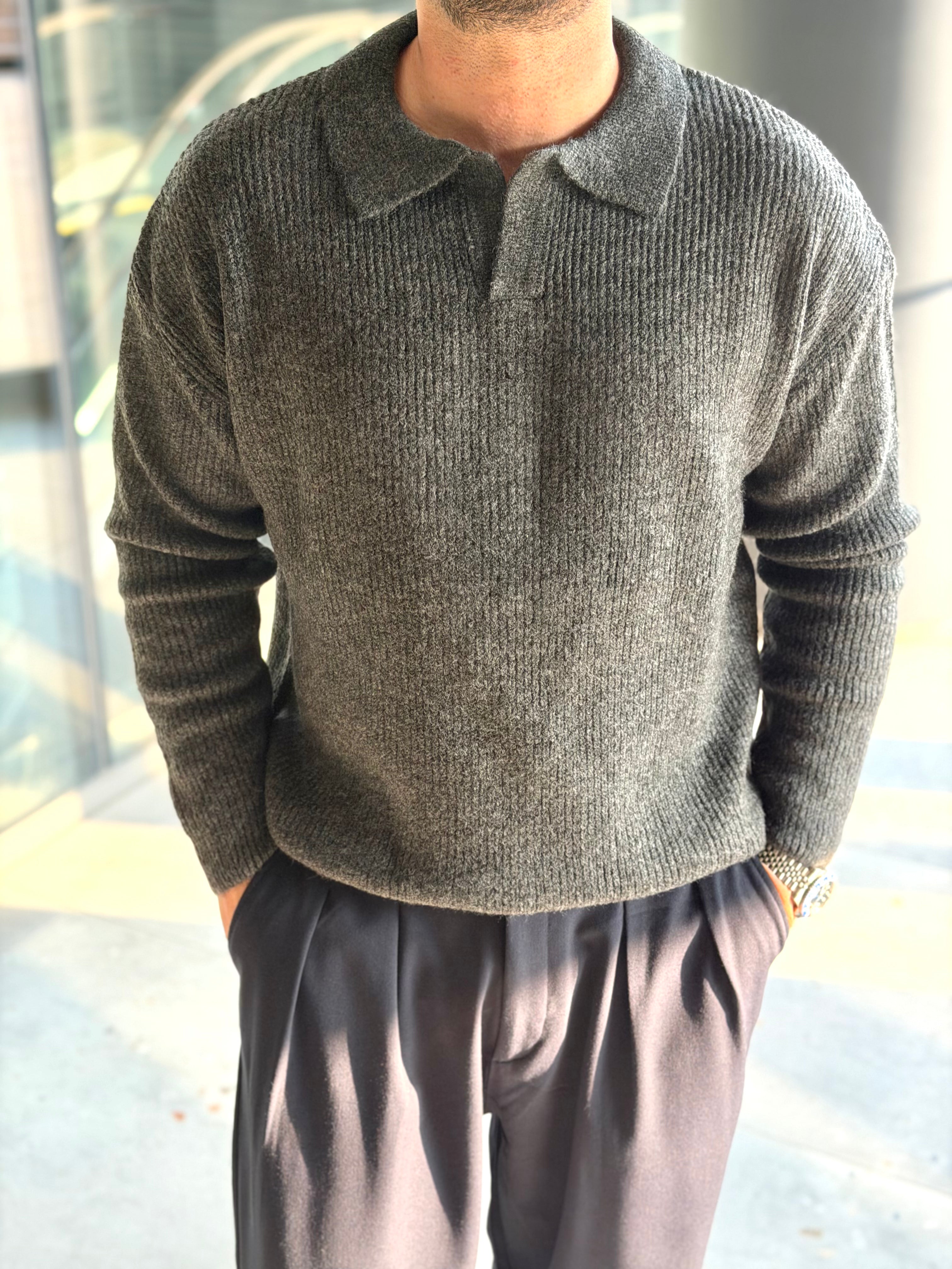 Erkek Premium Geniş Polo Yaka Triko - Koyu Gri PYT05