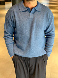 Erkek Premium Geniş Polo Yaka Triko - Mavi PYT02