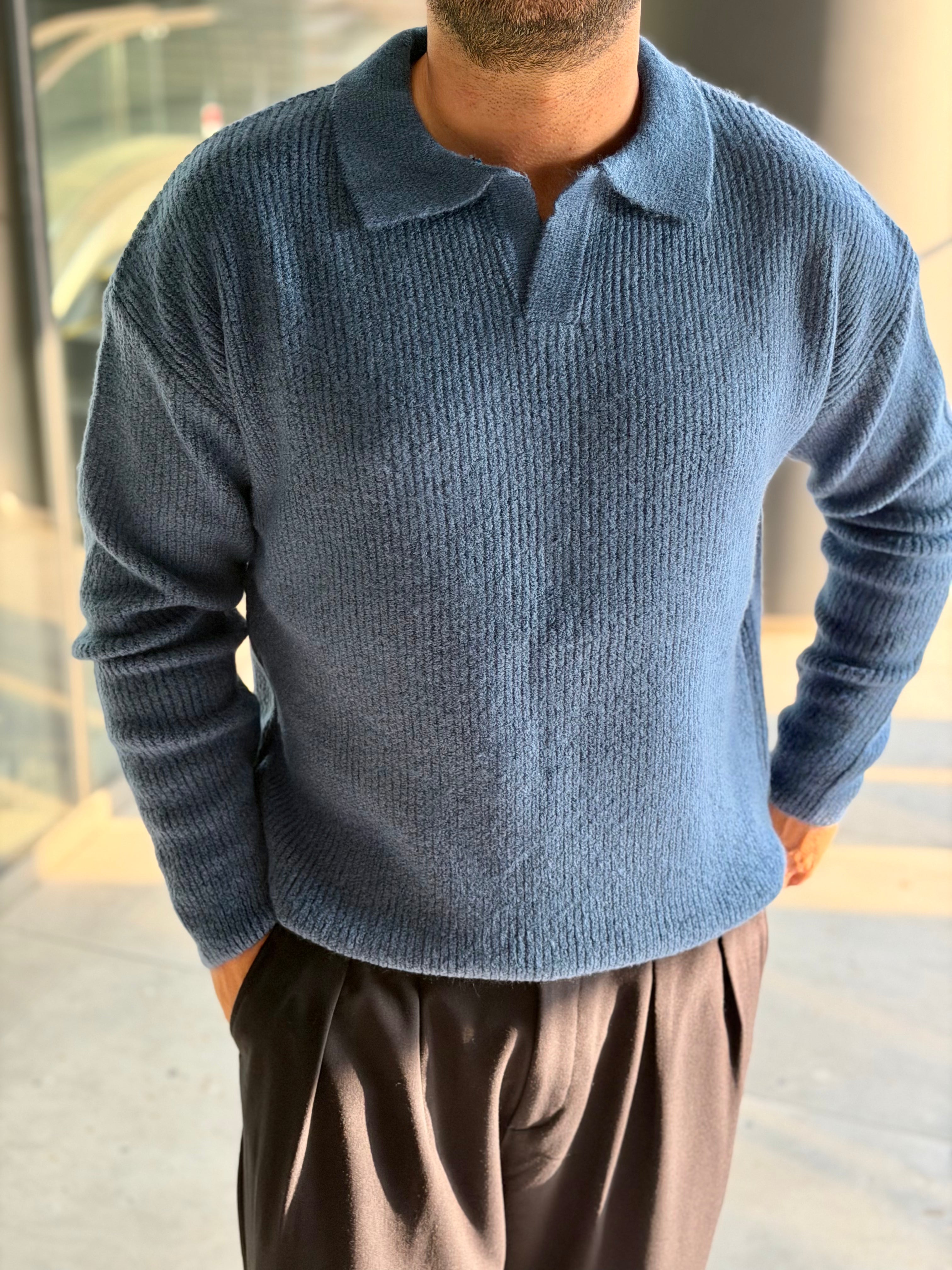 Erkek Premium Geniş Polo Yaka Triko - Mavi PYT02