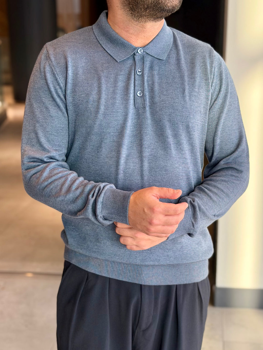 Erkek Düğmeli Polo Yaka Premium Kumaş Triko - Mavi PL02