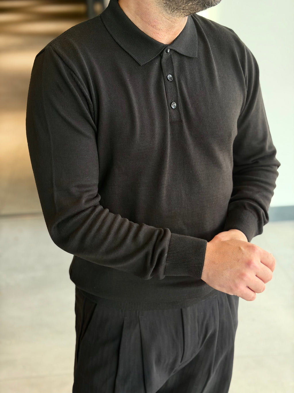 Erkek Düğmeli Polo Yaka Premium Kumaş Triko - Siyah PL01