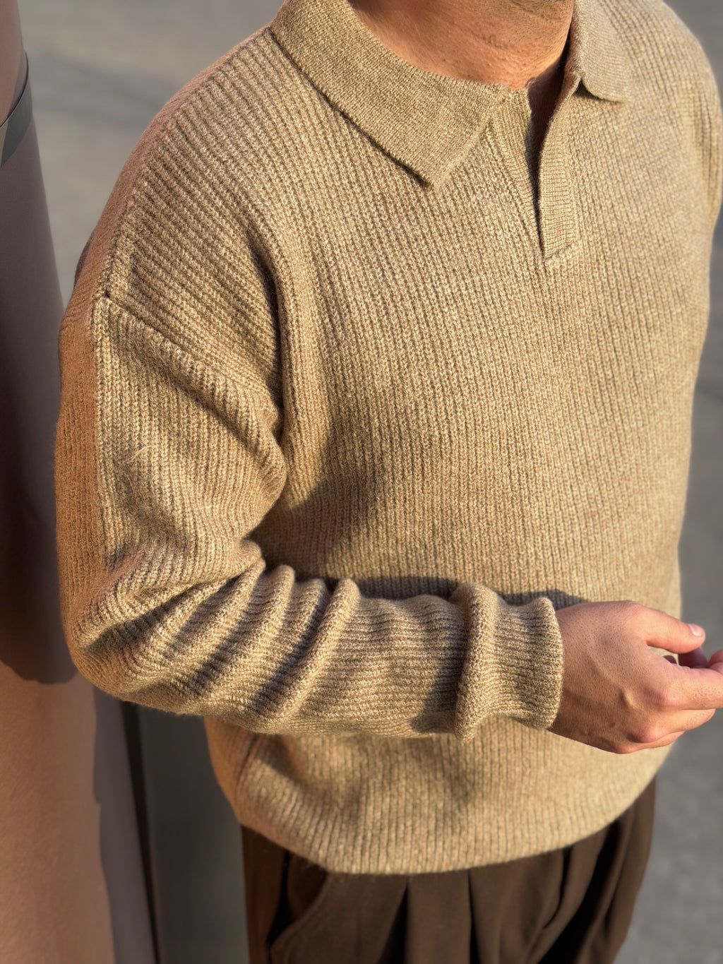 Erkek Premium Geniş Polo Yaka Triko - Kahverengi PYT03