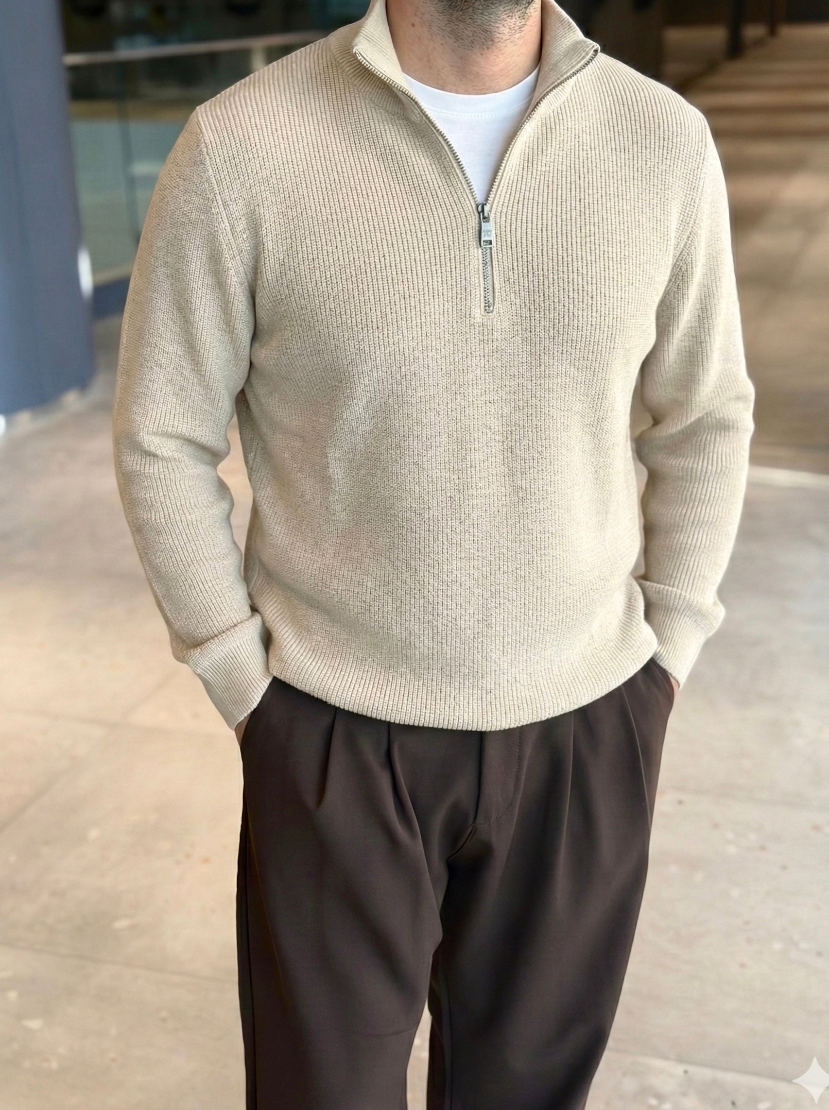 Erkek Yarım Fermuarlı Kazak - Krem FRM05