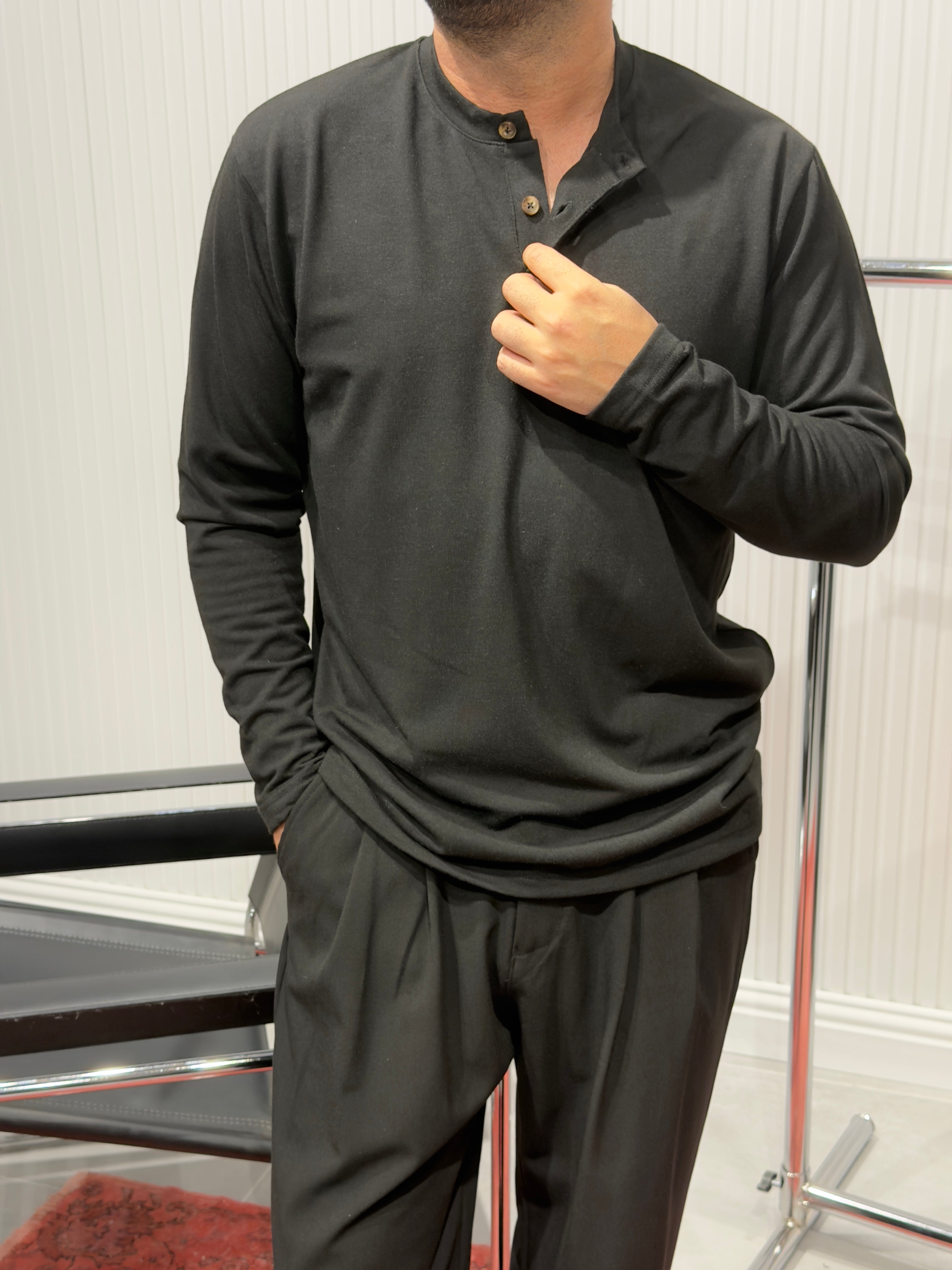 Henley Yaka Uzun Kollu Tshirt - Siyah HNLY01