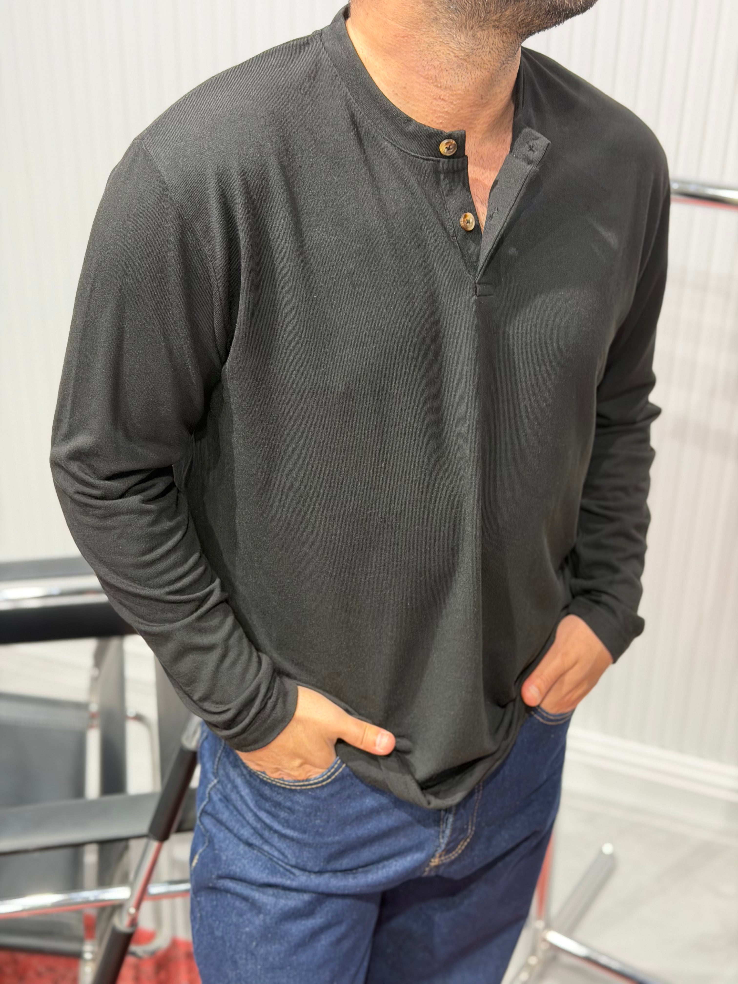 Henley Yaka Uzun Kollu Tshirt - Siyah HNLY01