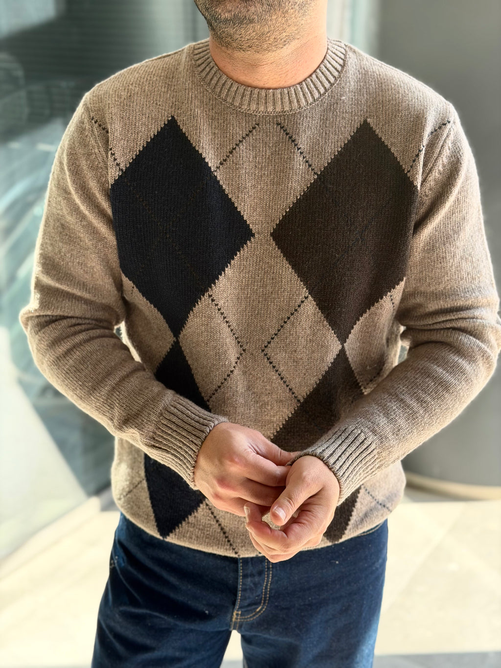 Baklava Desen Premium Kazak - Açık Kahve TRK50