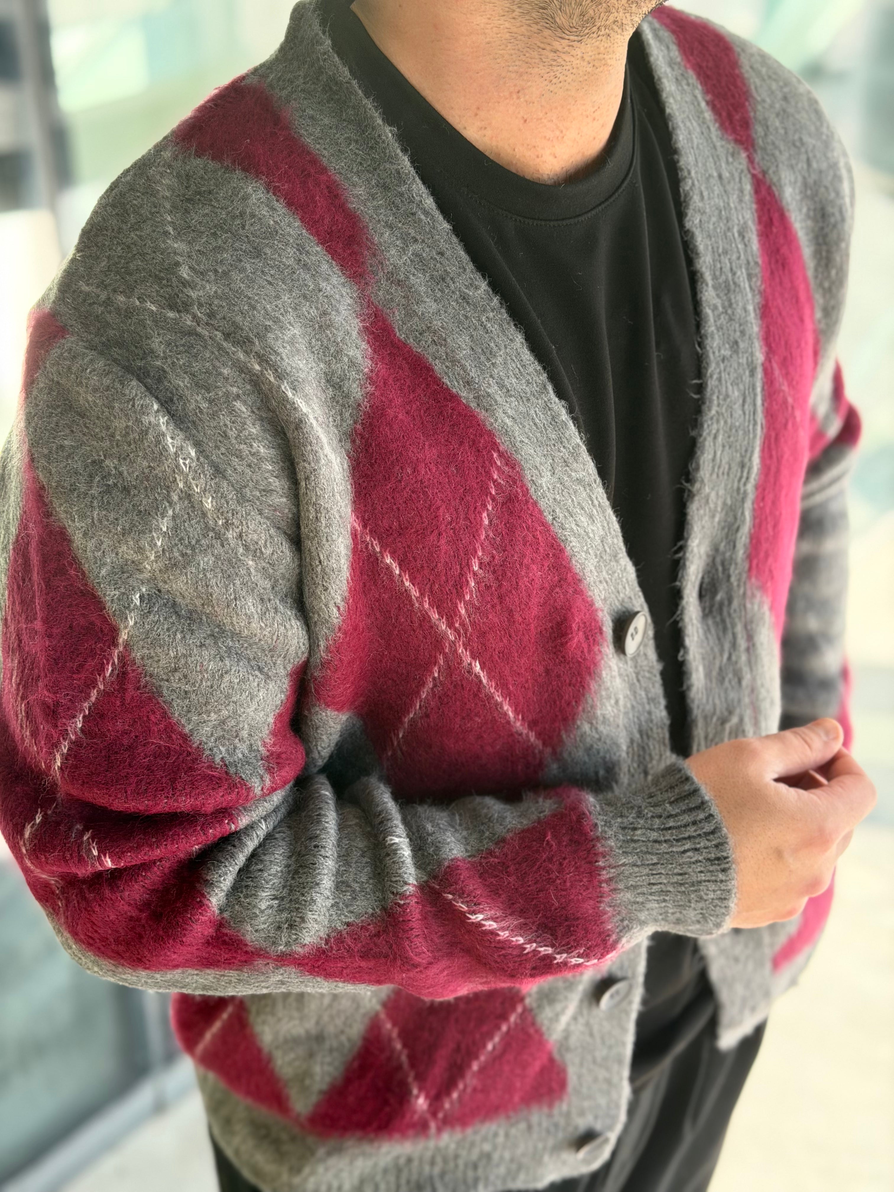 Erkek Baklava Desenli Hırka - Bordo Gri - HRK04