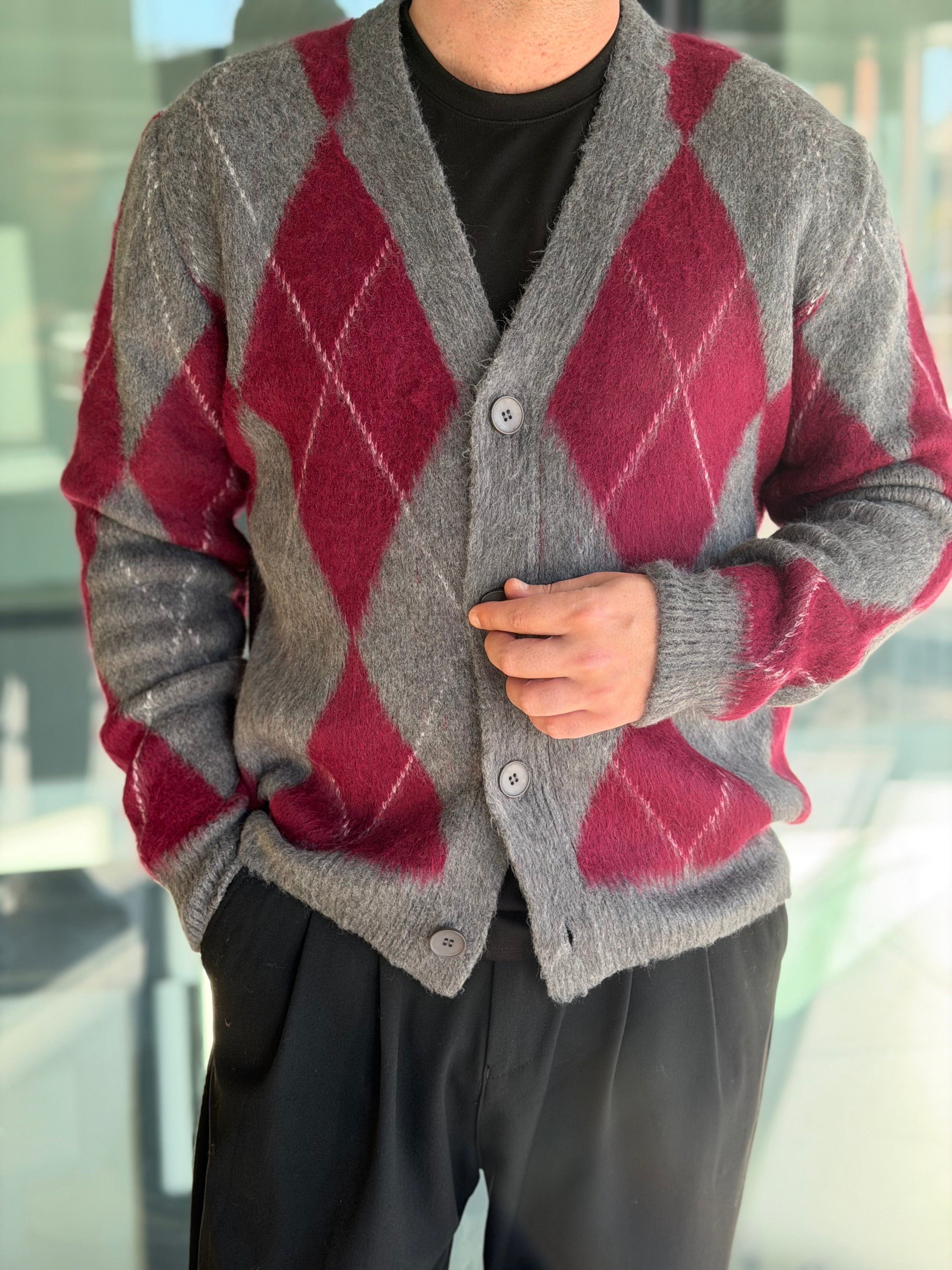 Erkek Baklava Desenli Hırka - Bordo Gri - HRK04