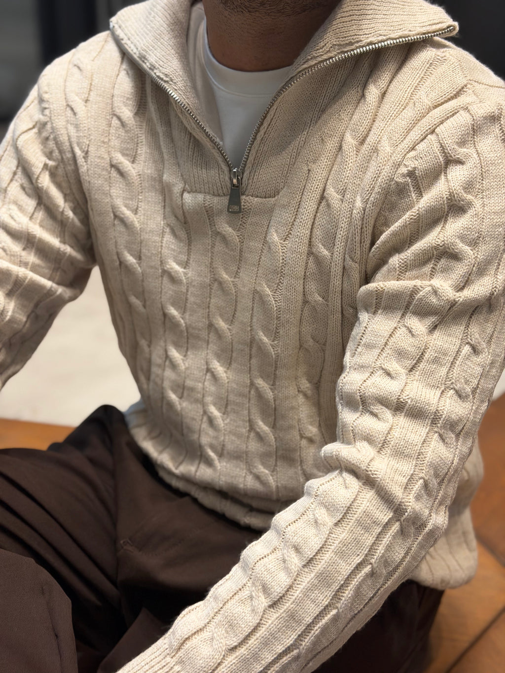 Erkek Örgü Desen Yarım Fermuarlı Kazak - Taş FRM20