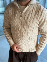 Erkek Örgü Desen Yarım Fermuarlı Kazak - Taş FRM20