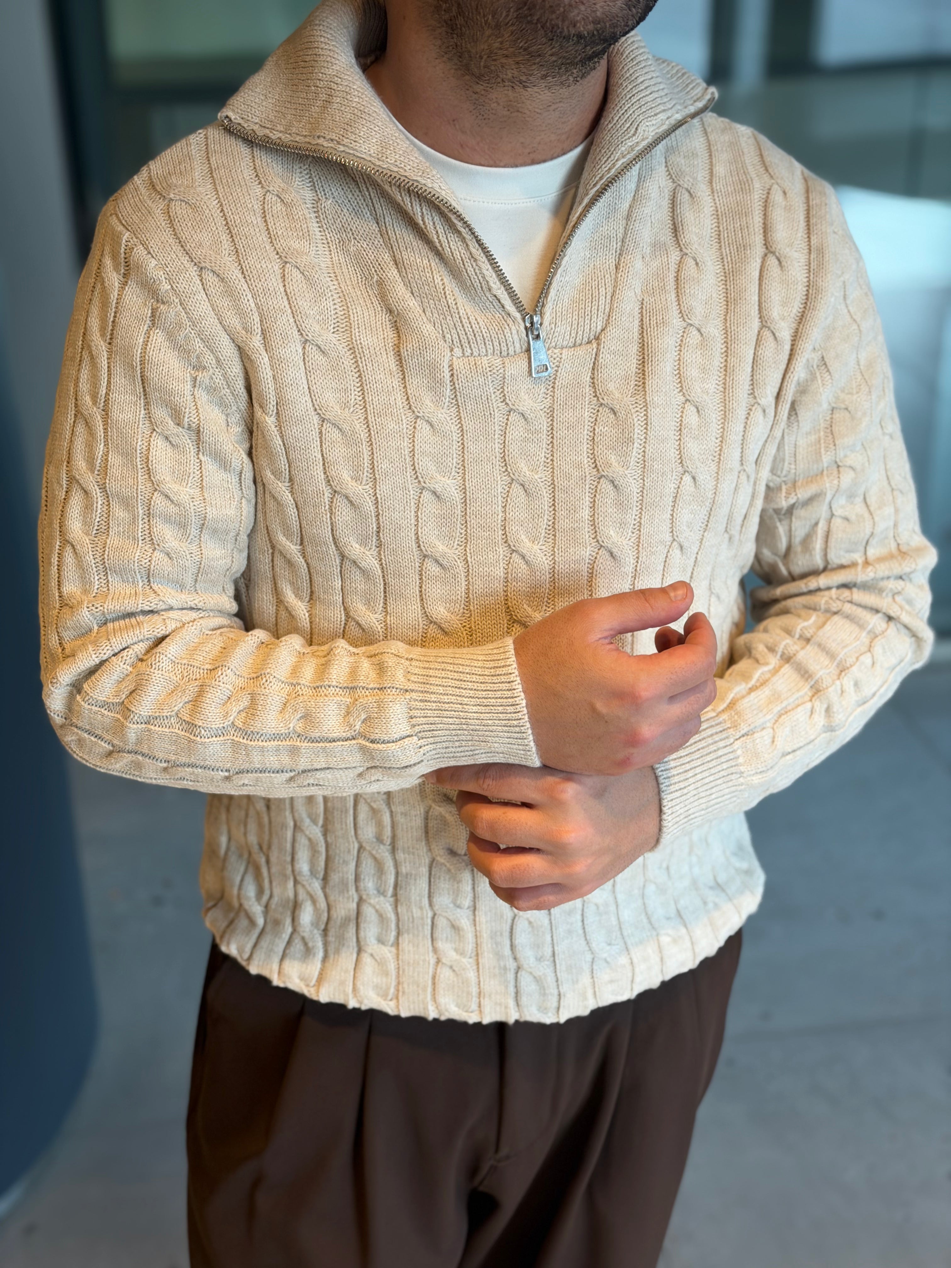 Erkek Örgü Desen Yarım Fermuarlı Kazak - Taş FRM20