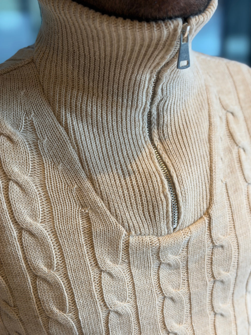 Erkek Örgü Desen Yarım Fermuarlı Kazak - Taş FRM20