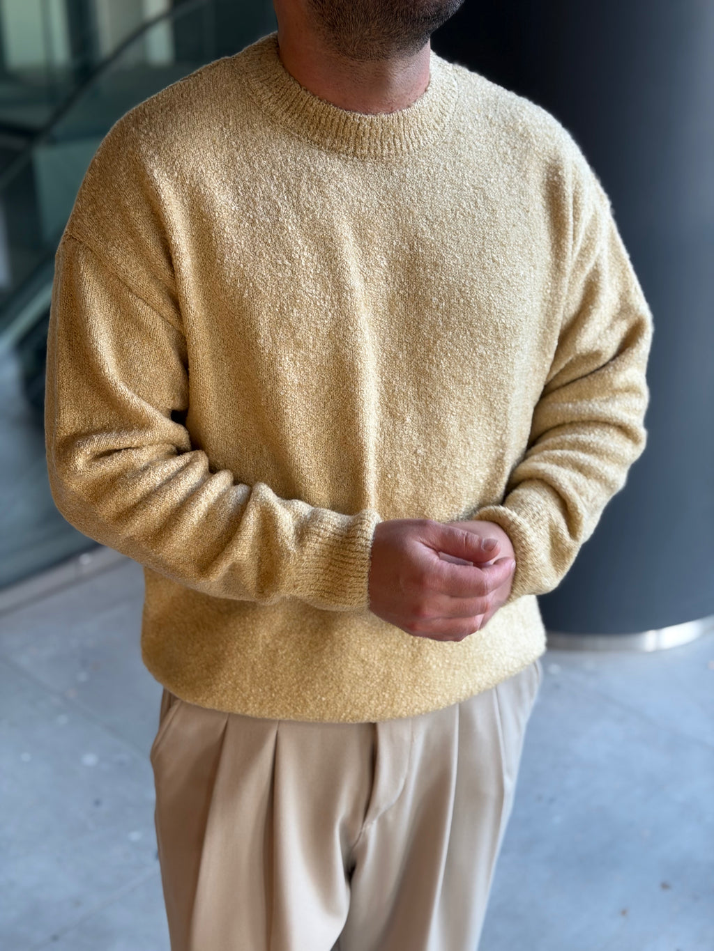 Erkek Dokulu Premium Triko Kazak - Hardal TRK80