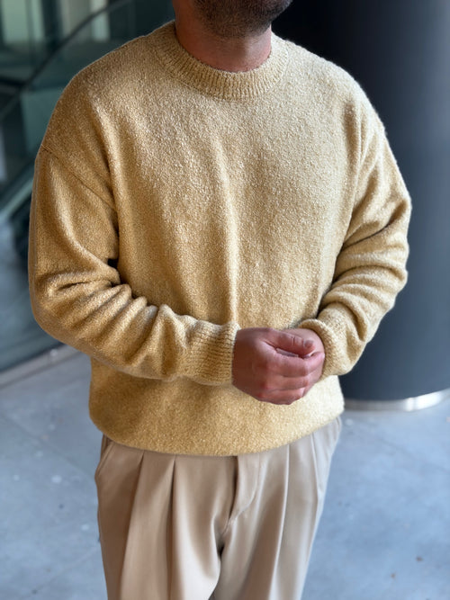 Erkek Dokulu Premium Triko Kazak - Hardal TRK80