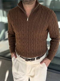 Erkek Örgü Desen Yarım Fermuarlı Kazak - Kahve FRM21