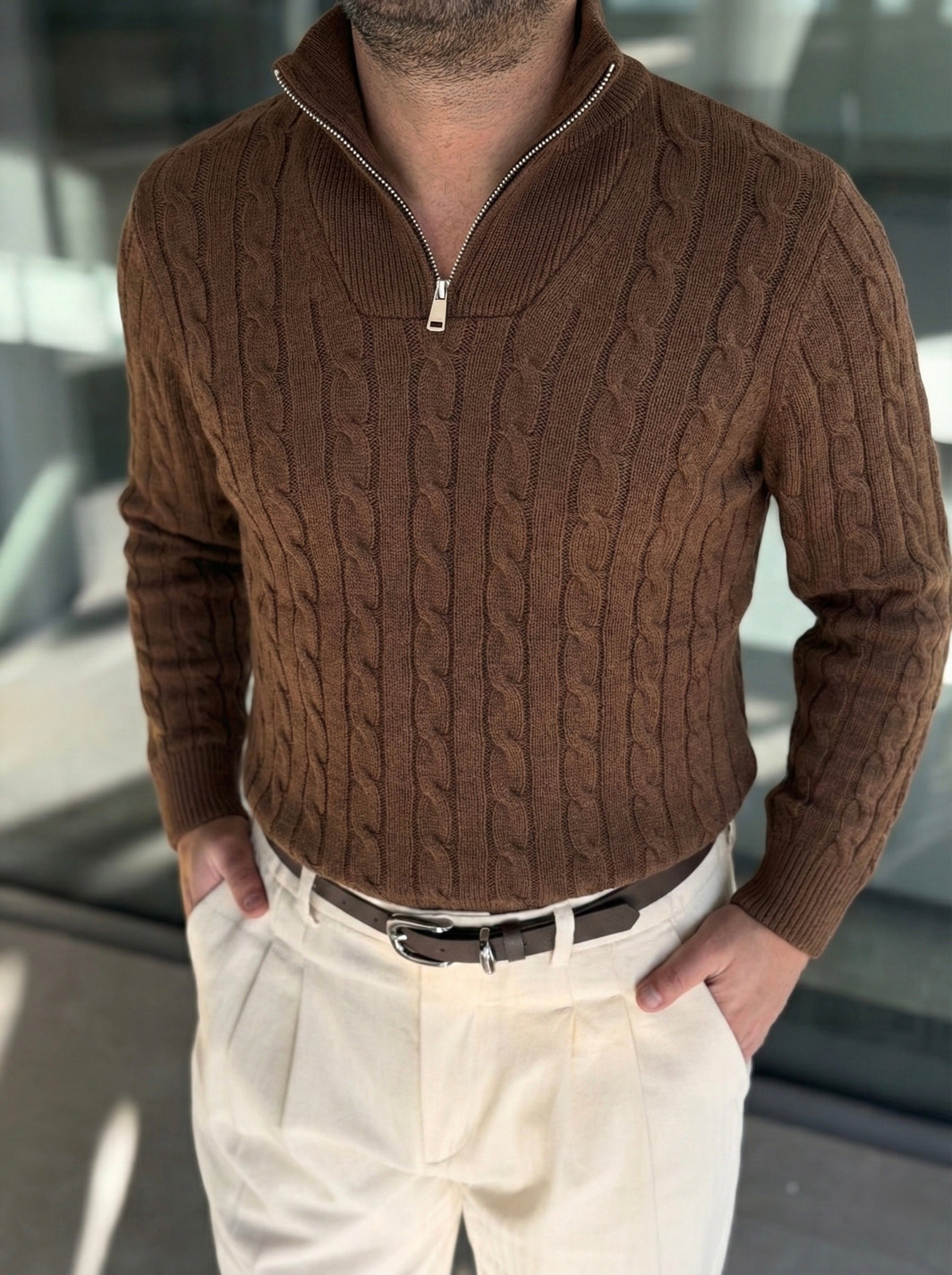 Erkek Örgü Desen Yarım Fermuarlı Kazak - Kahve FRM21