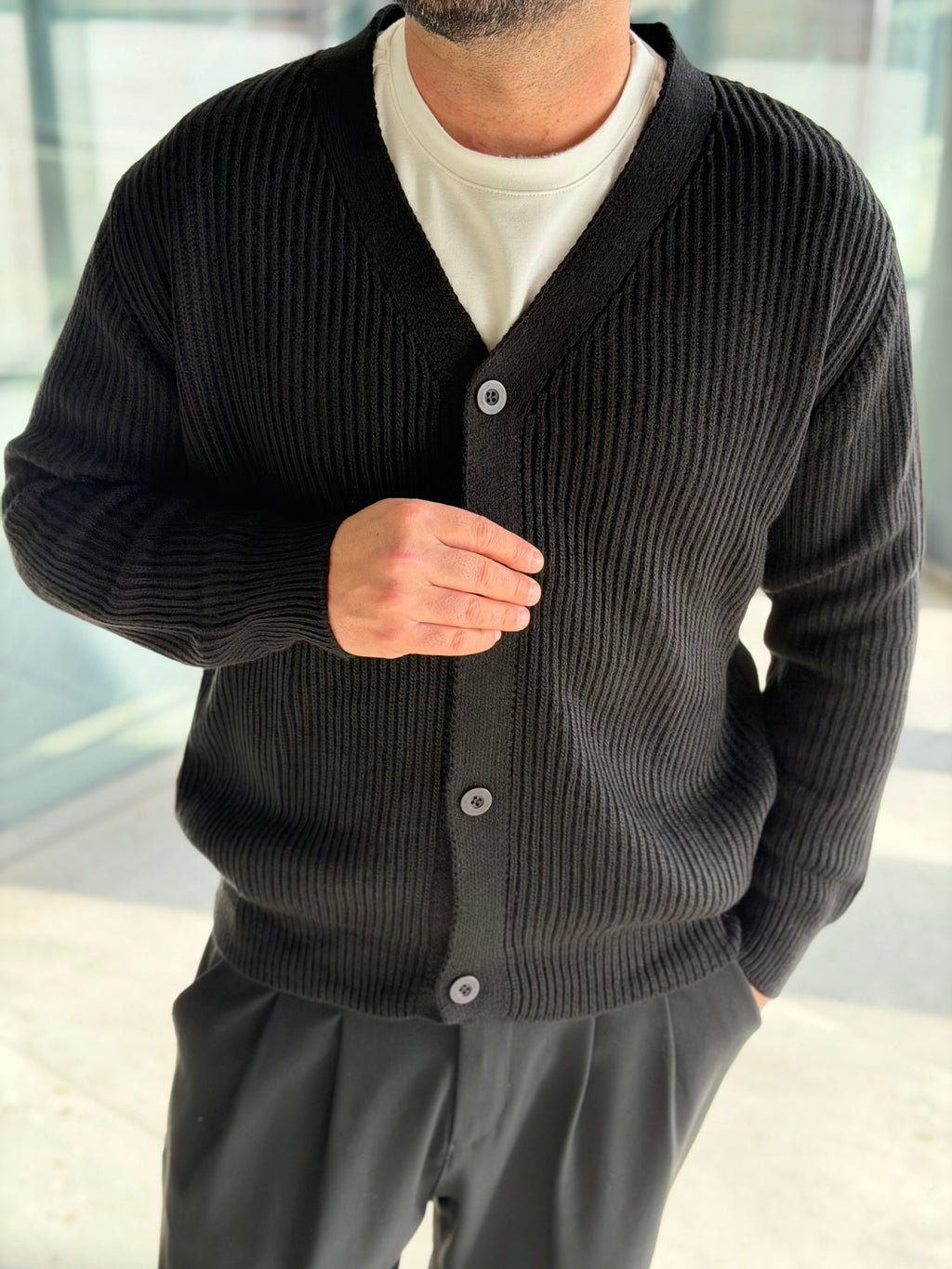 Erkek Yarım Oversize Triko Hırka - Siyah HRK20