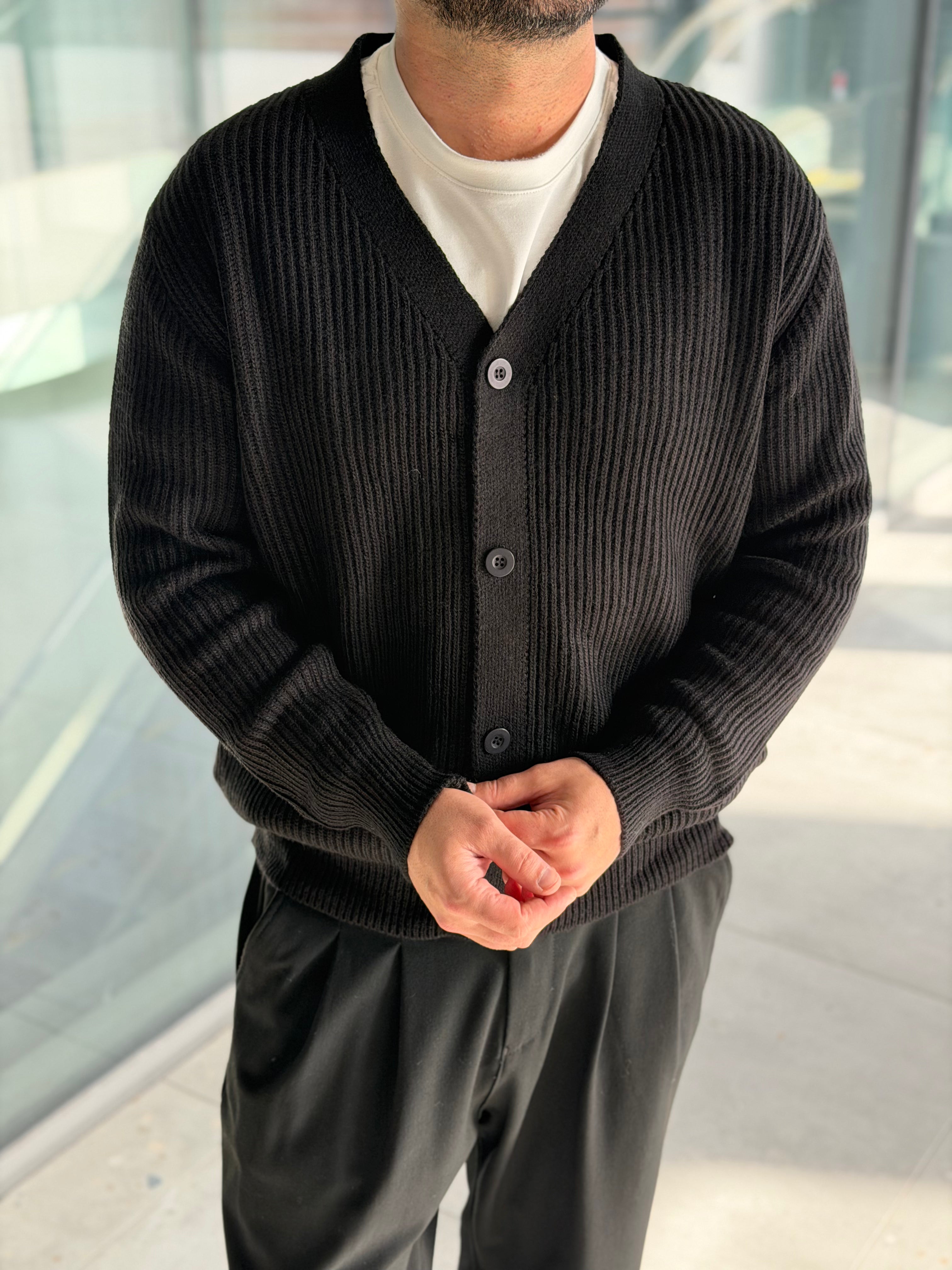 Erkek Yarım Oversize Triko Hırka - Siyah HRK20