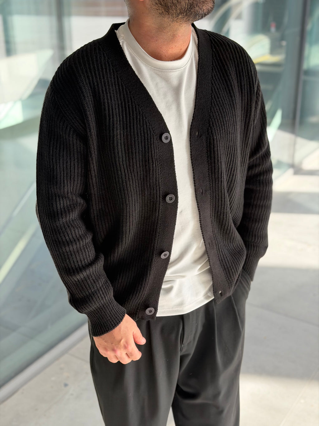 Erkek Yarım Oversize Triko Hırka - Siyah HRK20