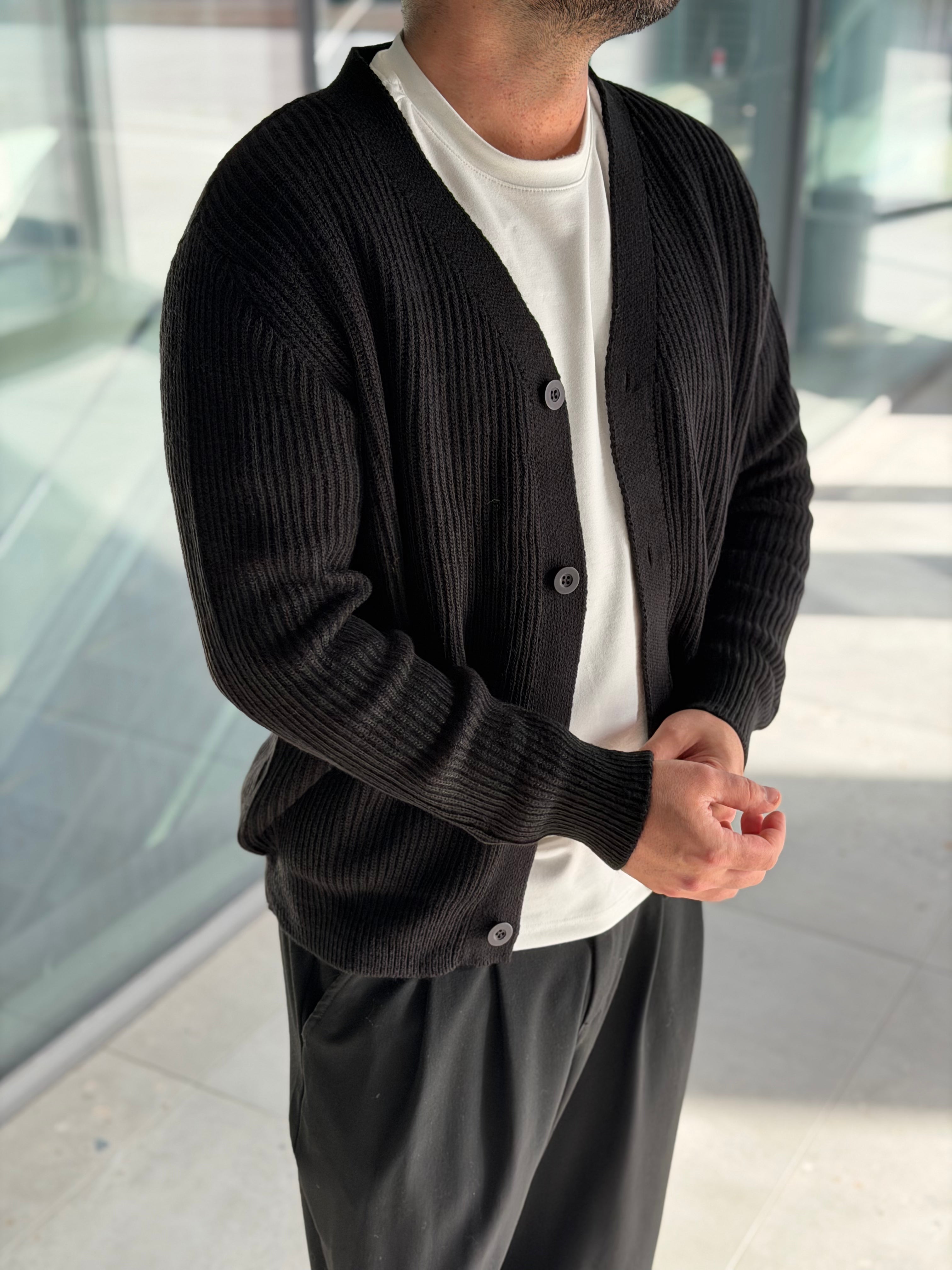 Erkek Yarım Oversize Triko Hırka - Siyah HRK20