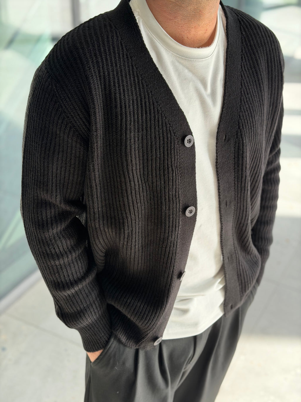 Erkek Yarım Oversize Triko Hırka - Siyah HRK20