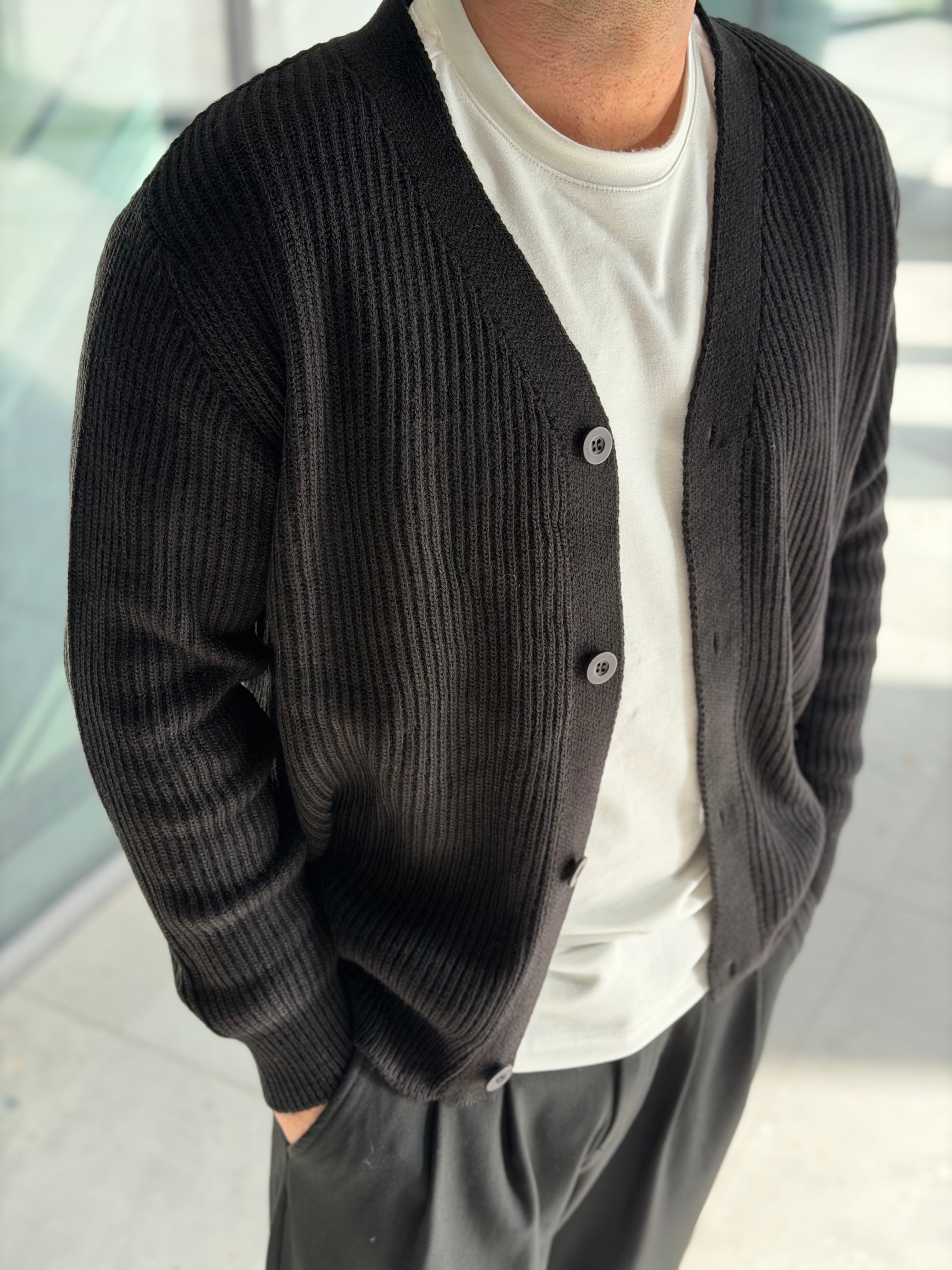 Erkek Yarım Oversize Triko Hırka - Siyah HRK20