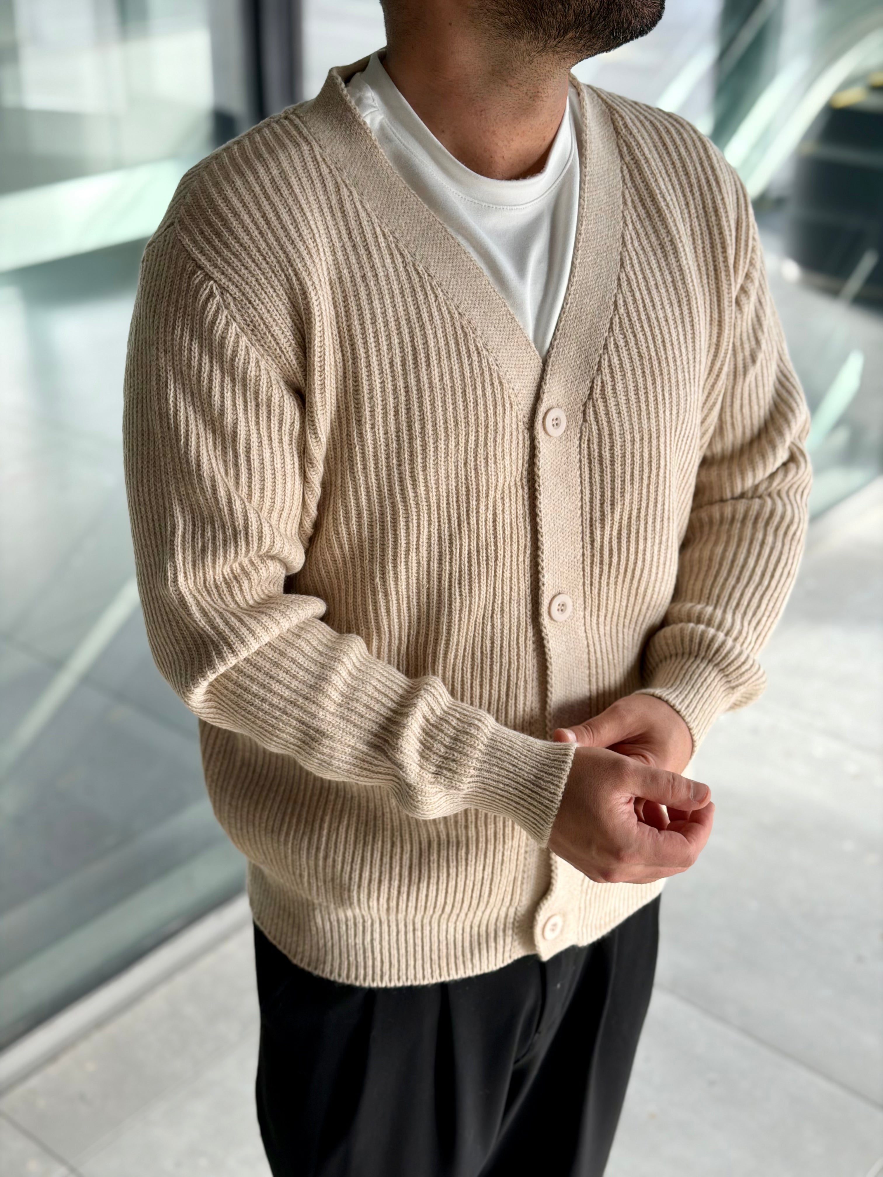 Erkek Yarım Oversize Triko Hırka - Bej HRK21