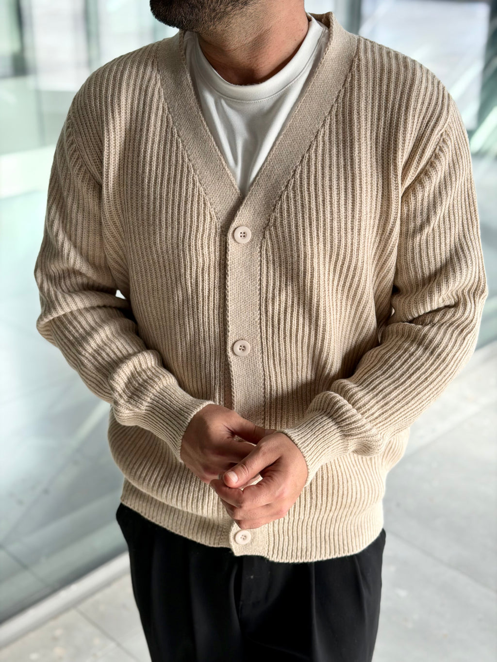 Erkek Yarım Oversize Triko Hırka - Bej HRK21