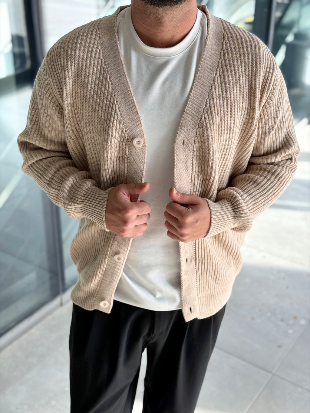 Erkek Yarım Oversize Triko Hırka - Bej HRK21