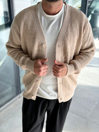 Erkek Yarım Oversize Triko Hırka - Bej HRK21