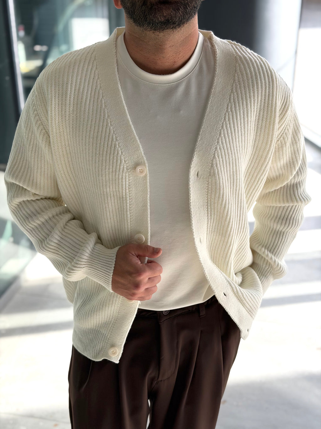 Erkek Yarım Oversize Triko Hırka - Beyaz HRK22