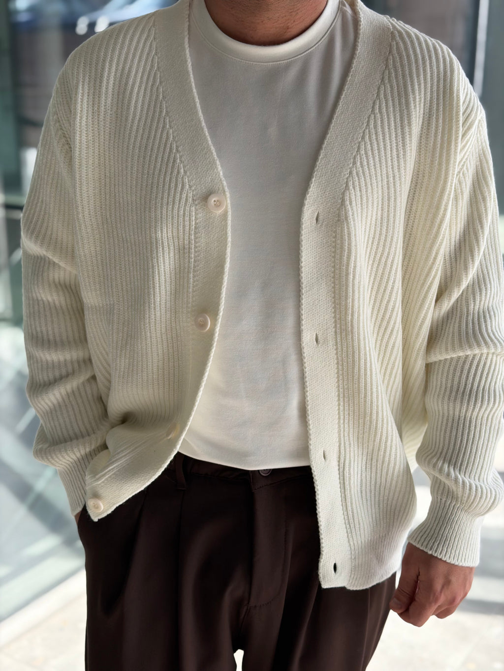 Erkek Yarım Oversize Triko Hırka - Beyaz HRK22