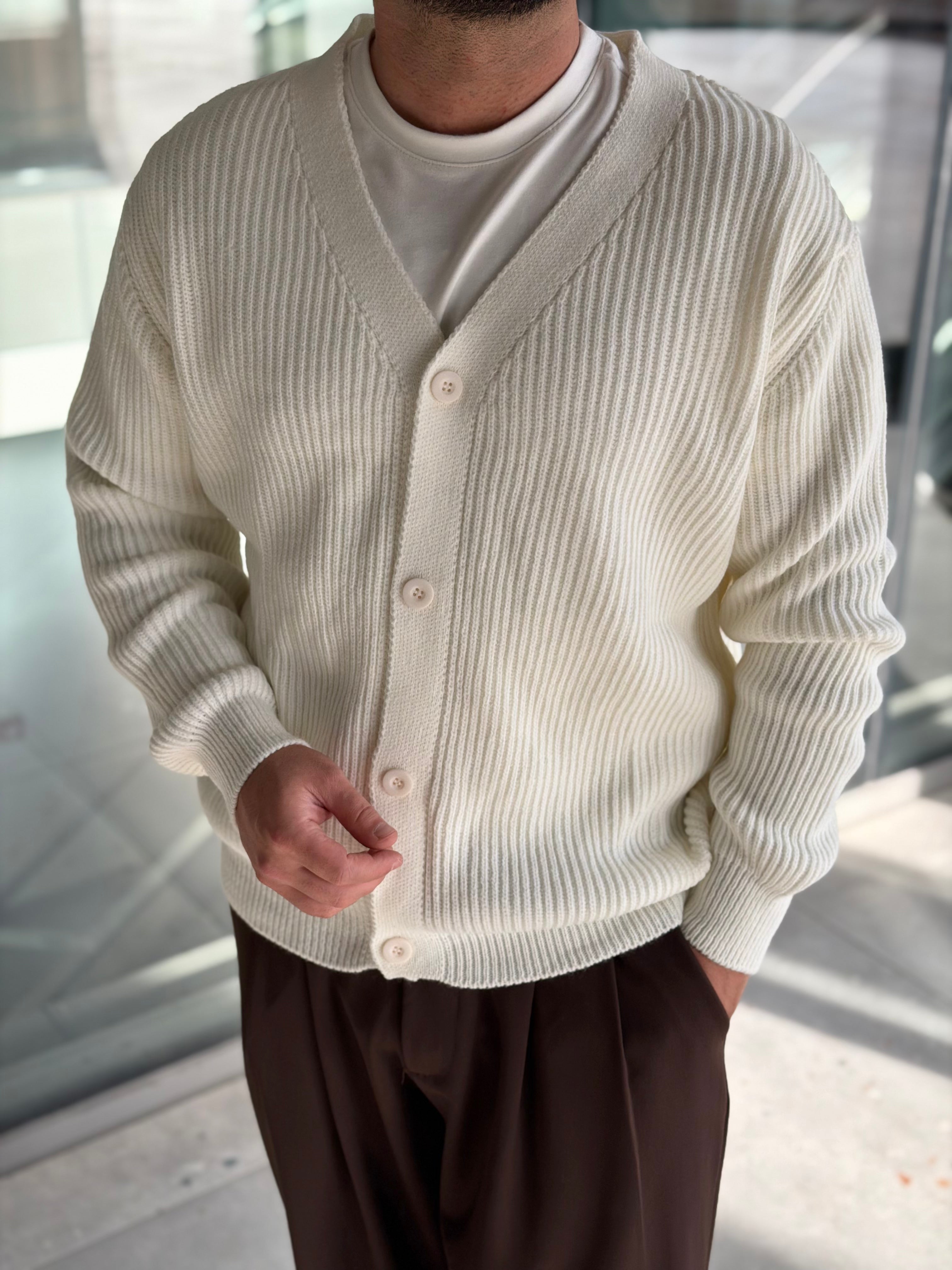 Erkek Yarım Oversize Triko Hırka - Beyaz HRK22