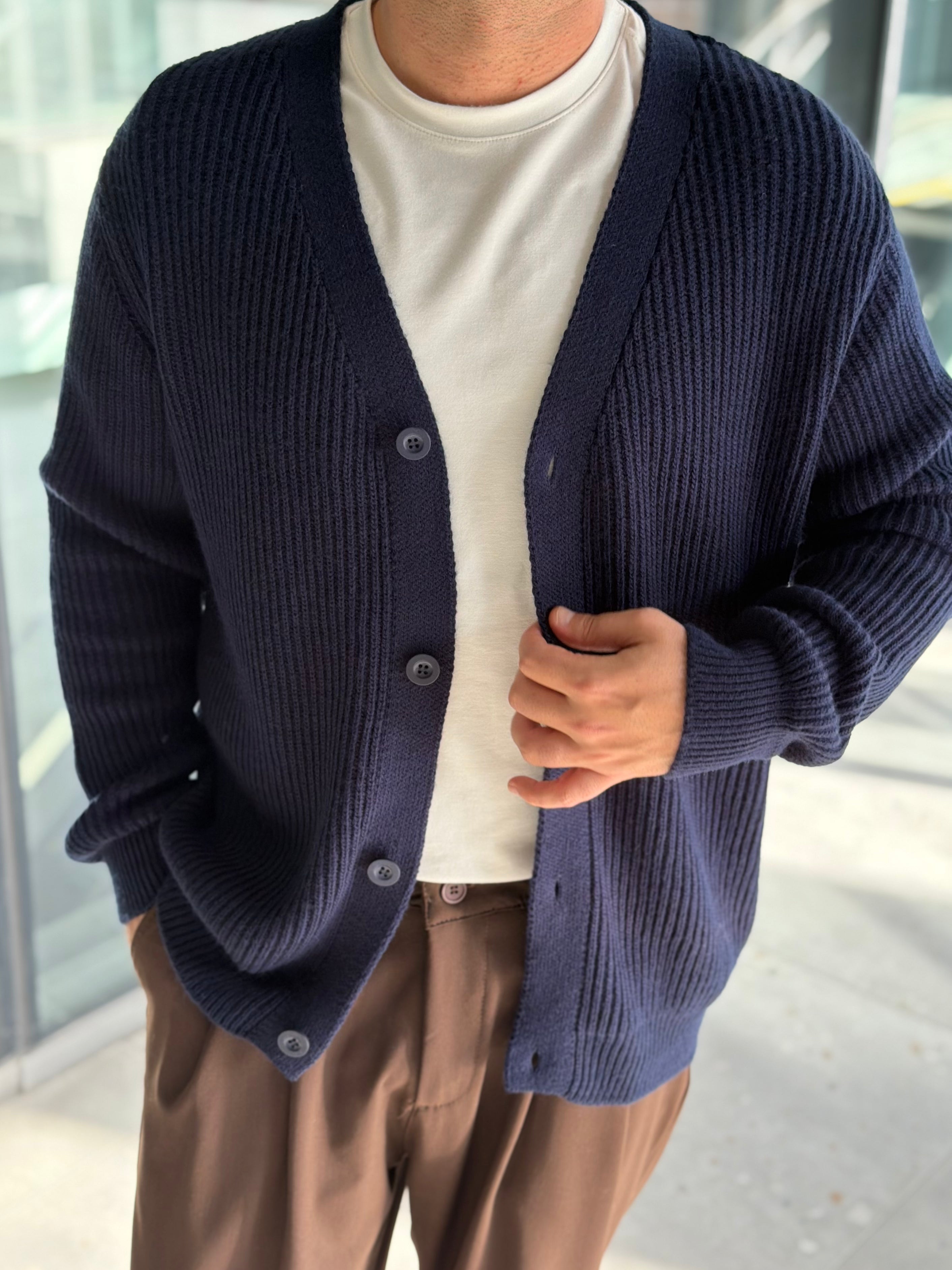 Erkek Yarım Oversize Triko Hırka - Lacivert HRK23