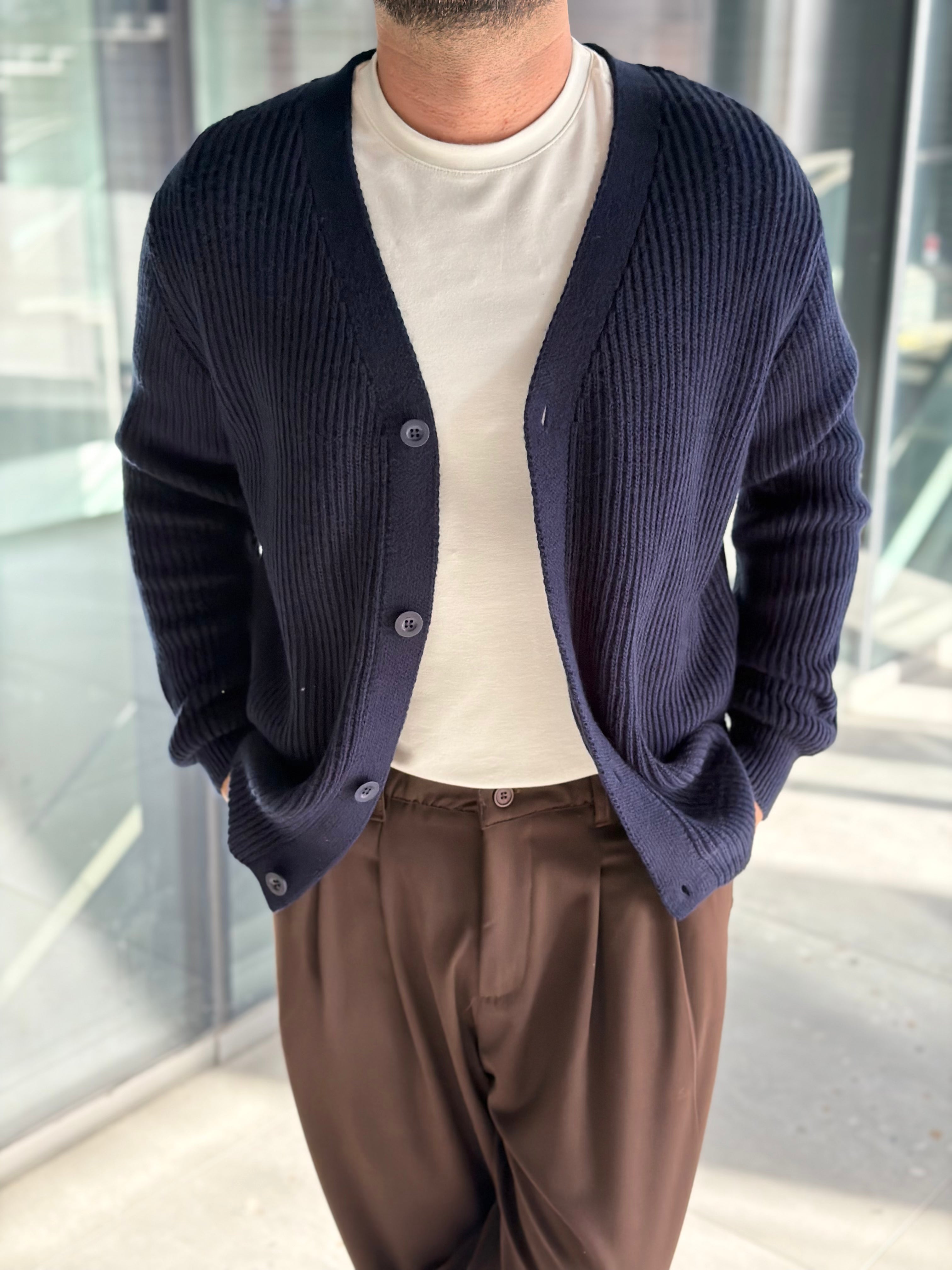 Erkek Yarım Oversize Triko Hırka - Lacivert HRK23