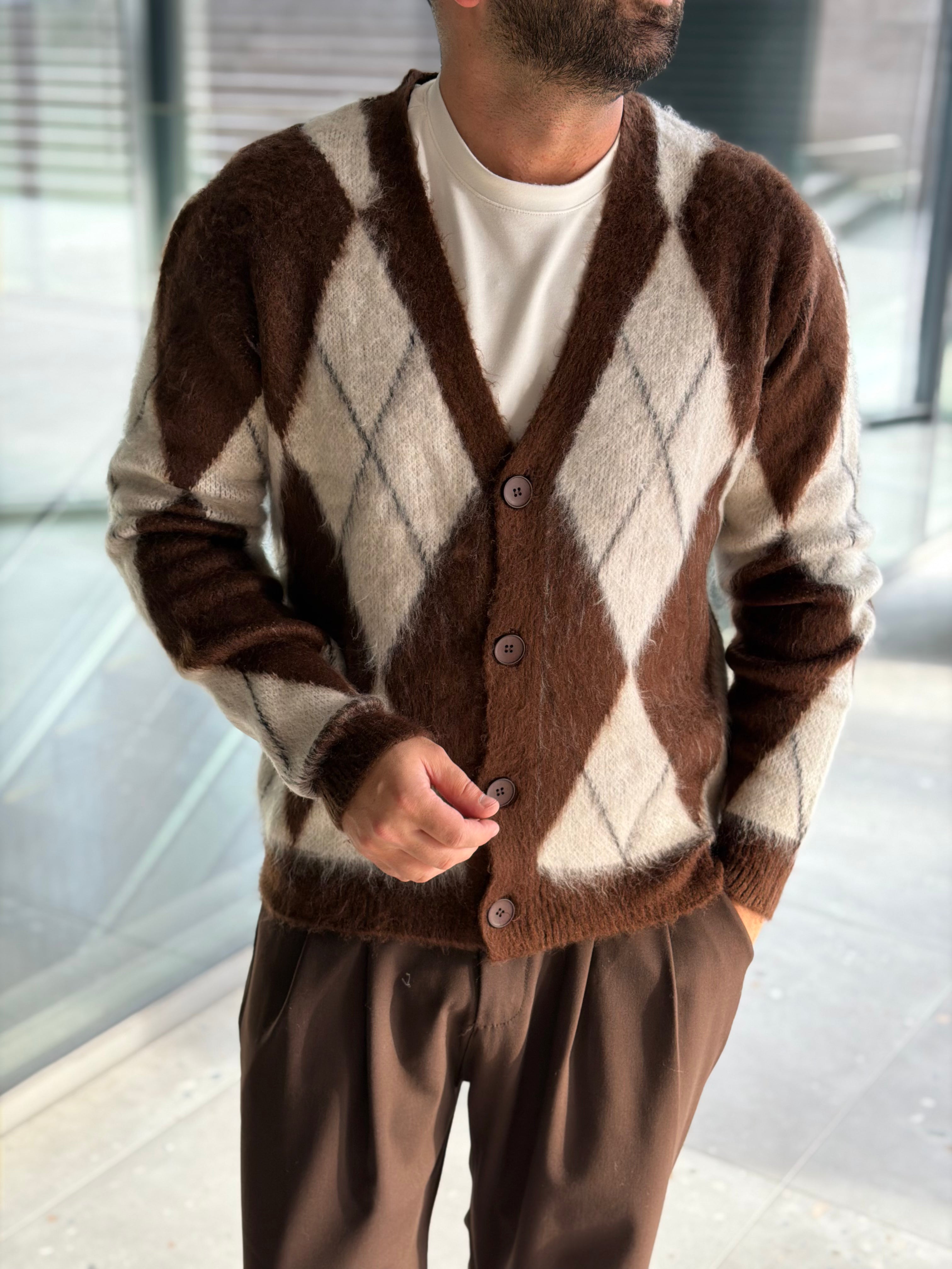 Erkek Baklava Desenli Hırka - Kahve Bej - HRK02