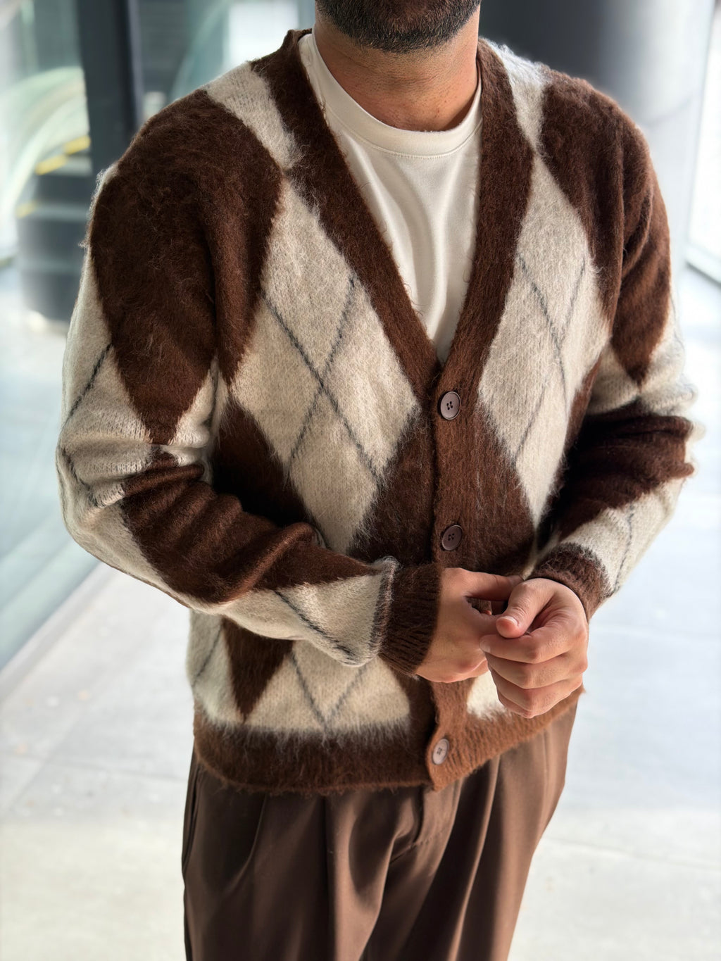 Erkek Baklava Desenli Hırka - Kahve Bej - HRK02