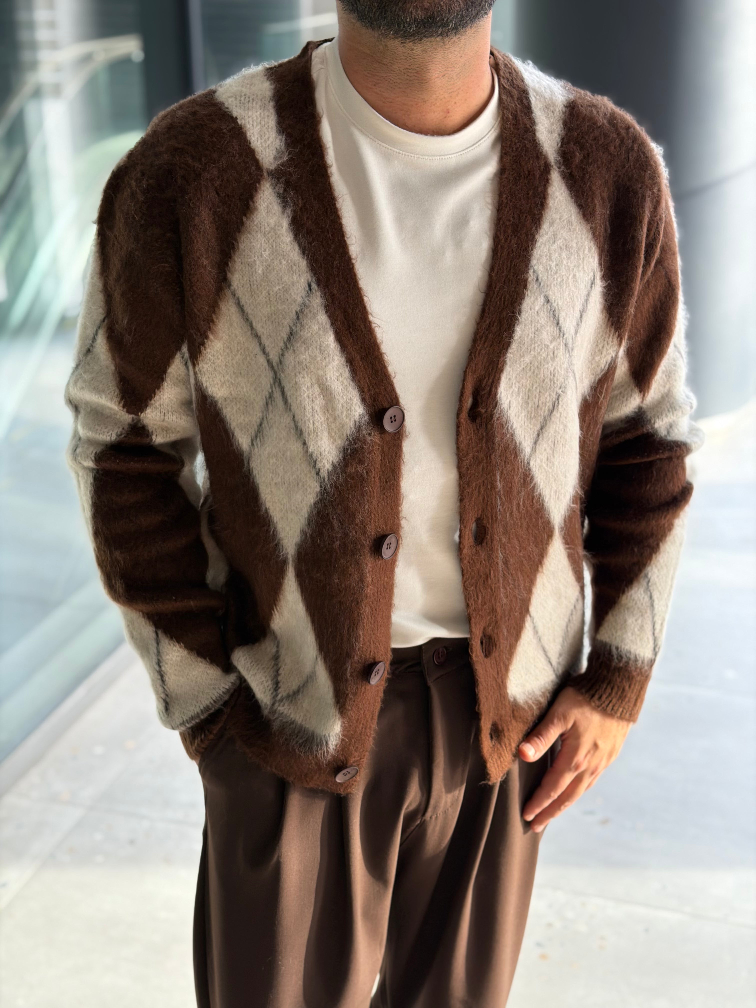 Erkek Baklava Desenli Hırka - Kahve Bej - HRK02