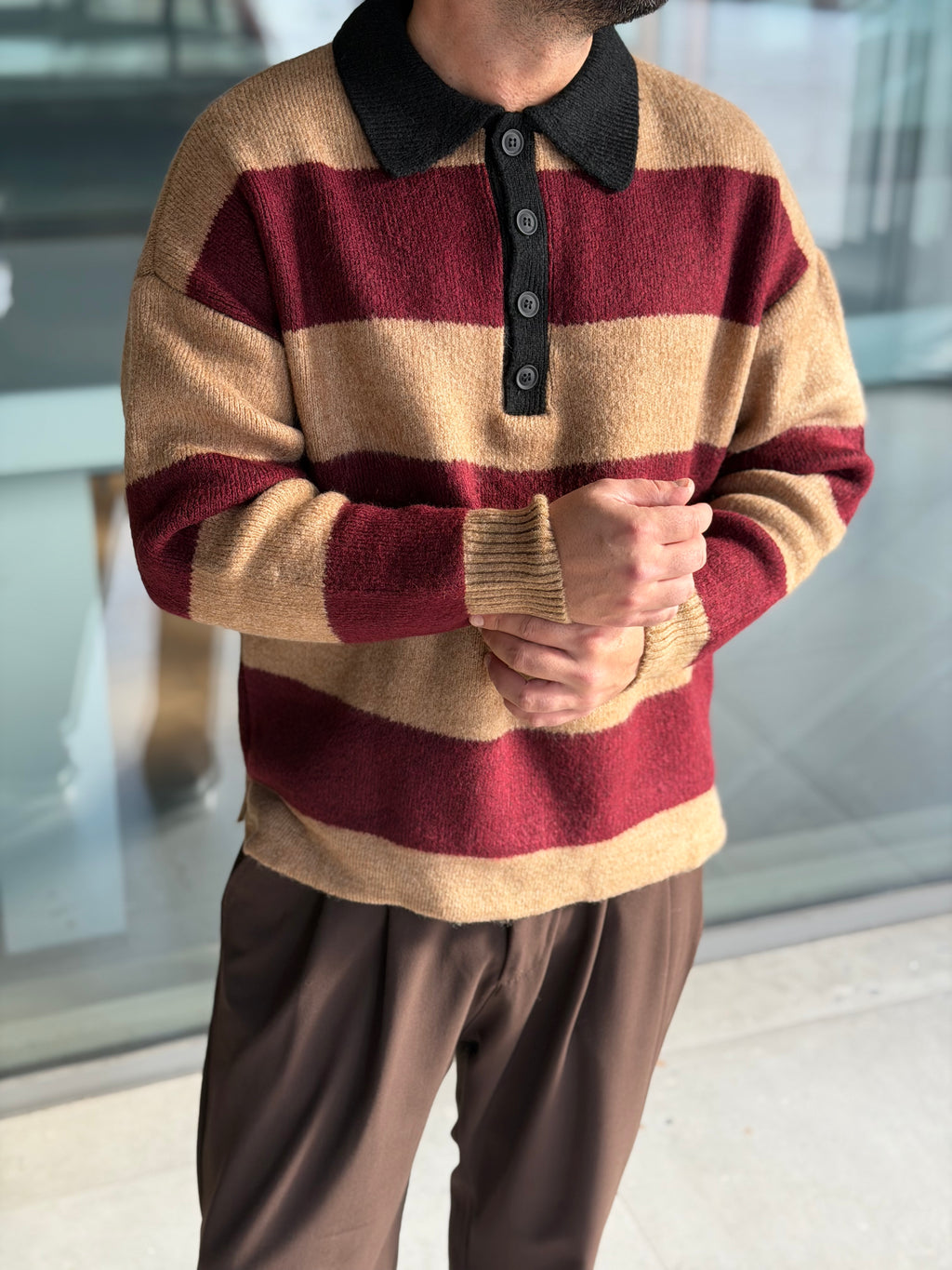 Oversize Çizgili Polo Yaka Premium Triko - Kahve Bordo TRK51