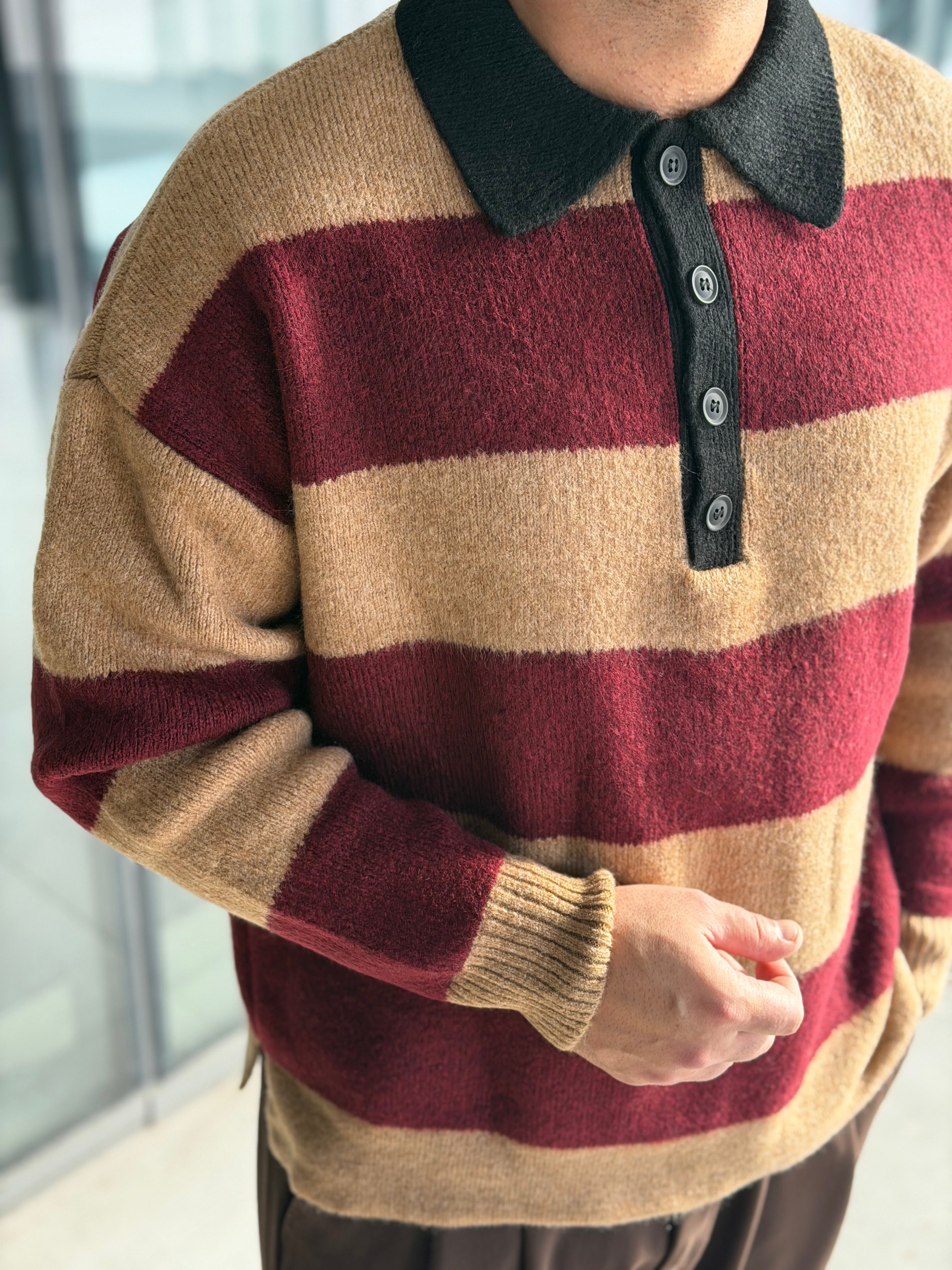 Oversize Çizgili Polo Yaka Premium Triko - Kahve Bordo TRK51