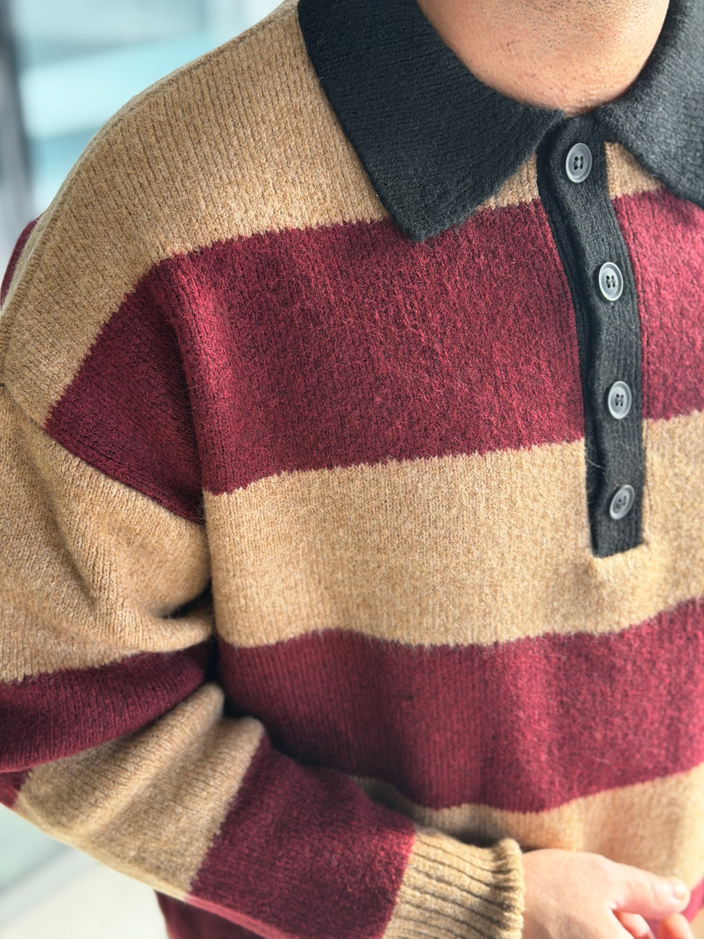 Oversize Çizgili Polo Yaka Premium Triko - Kahve Bordo TRK51