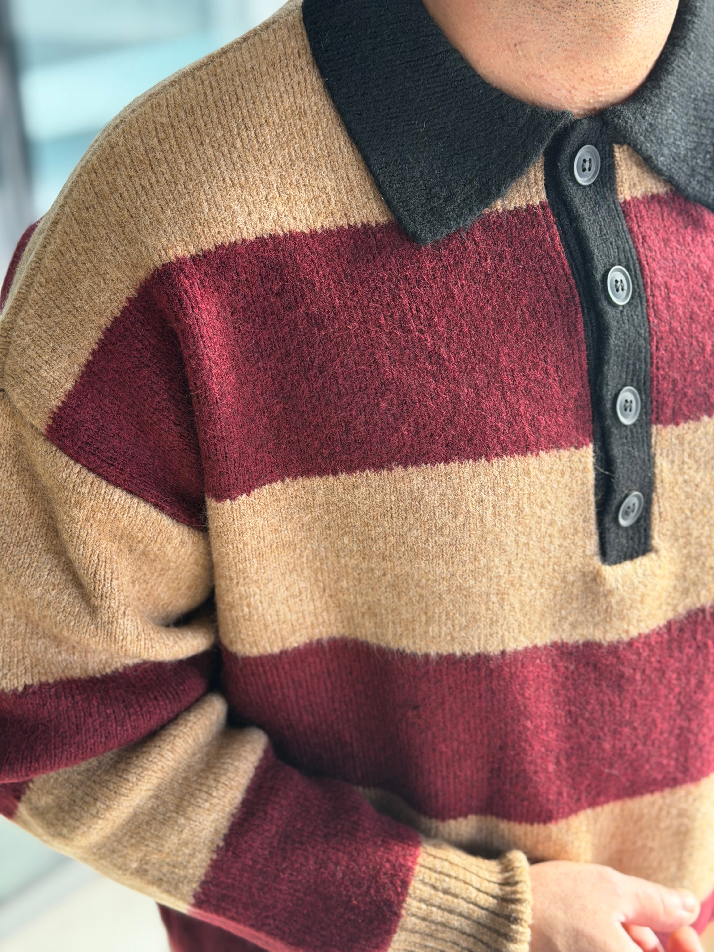 Oversize Çizgili Polo Yaka Premium Triko - Kahve Bordo TRK51