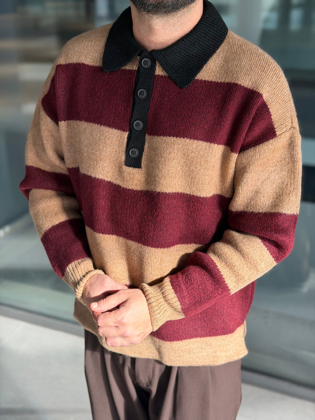 Oversize Çizgili Polo Yaka Premium Triko - Kahve Bordo TRK51