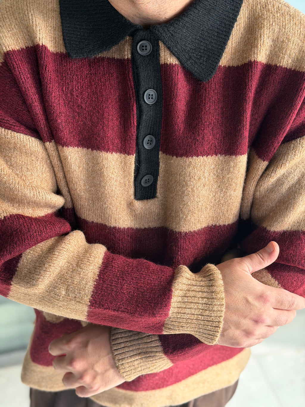 Oversize Çizgili Polo Yaka Premium Triko - Kahve Bordo TRK51