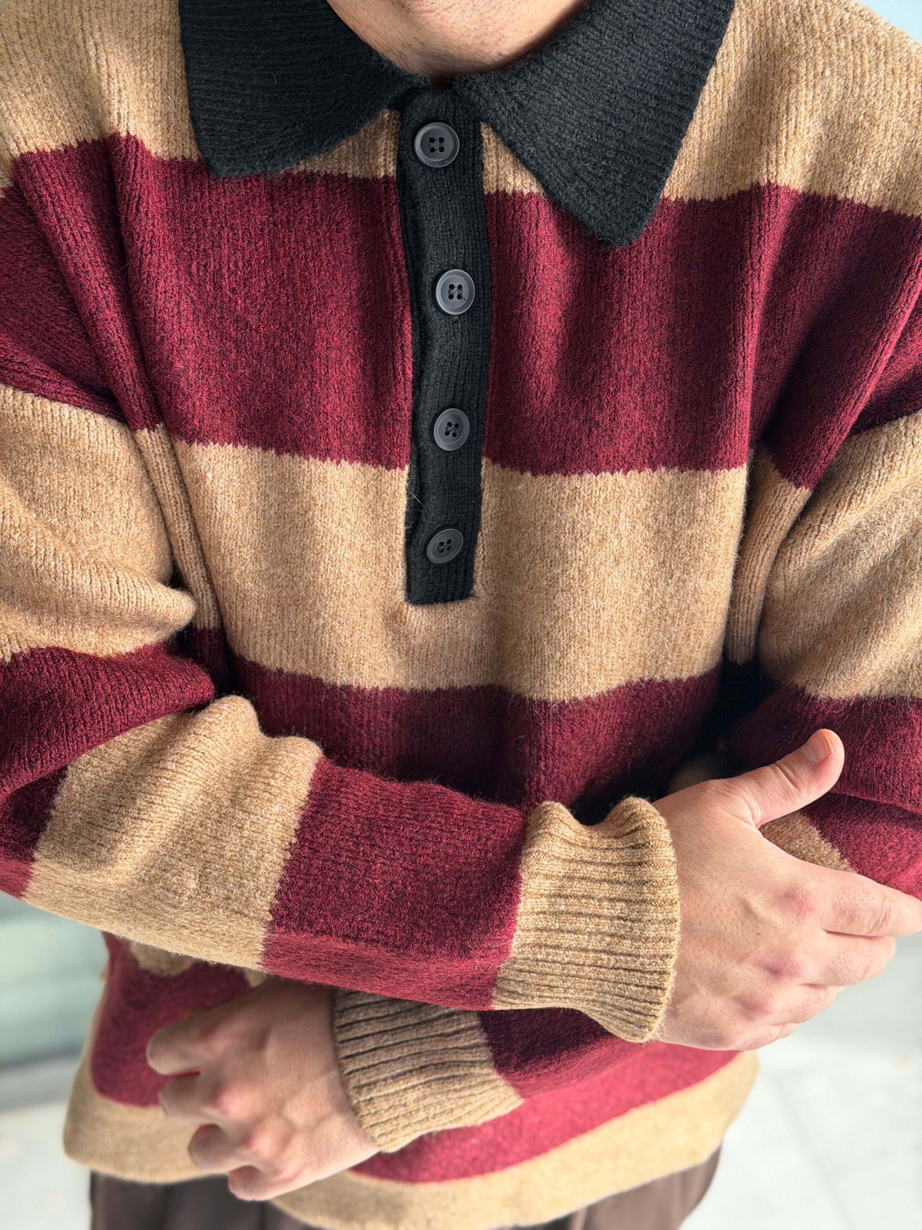 Oversize Çizgili Polo Yaka Premium Triko - Kahve Bordo TRK51