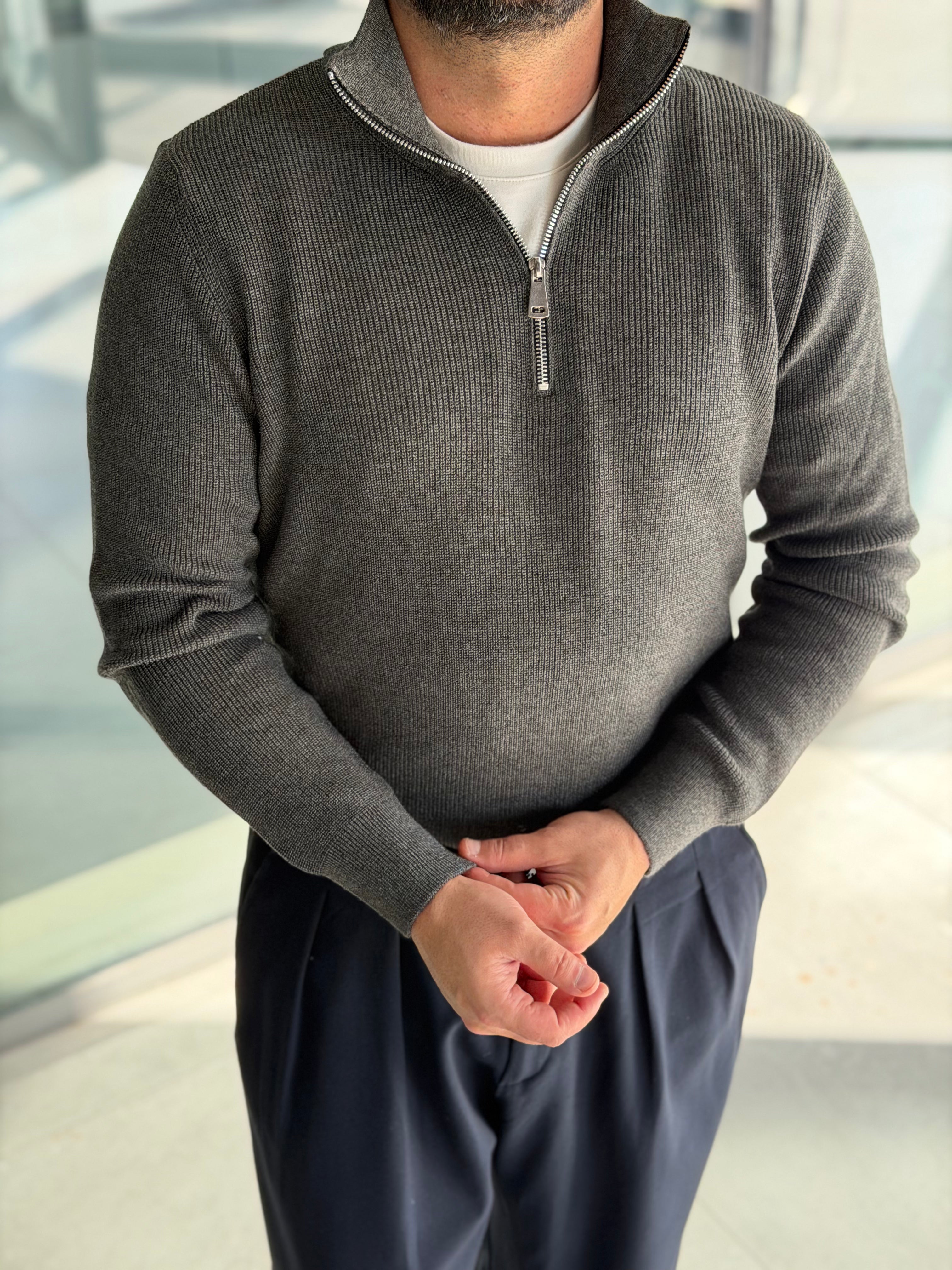 Erkek Yarım Fermuarlı Kazak - Koyu Gri FRM03