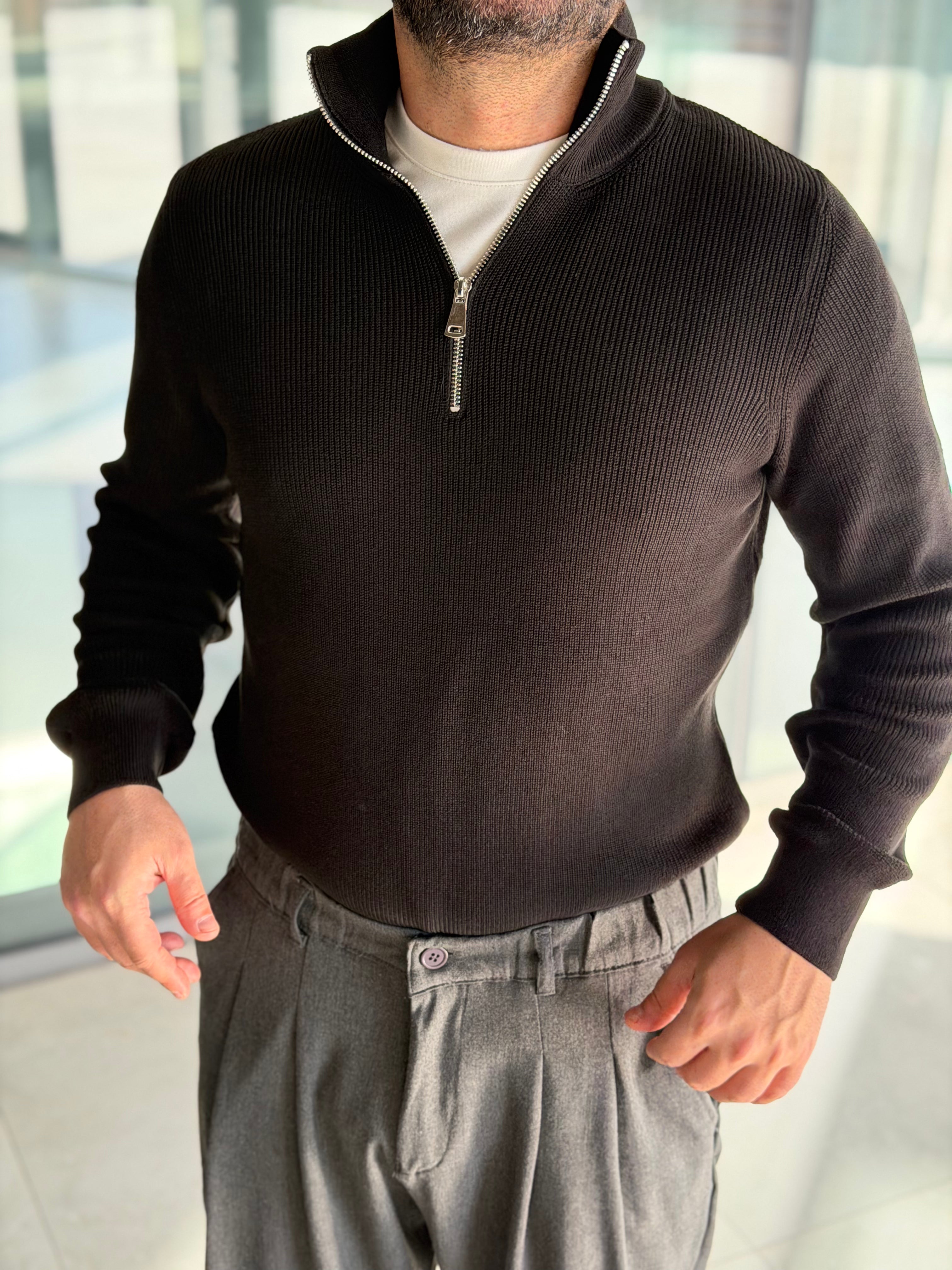 Erkek Yarım Fermuarlı Kazak - Siyah FRM01